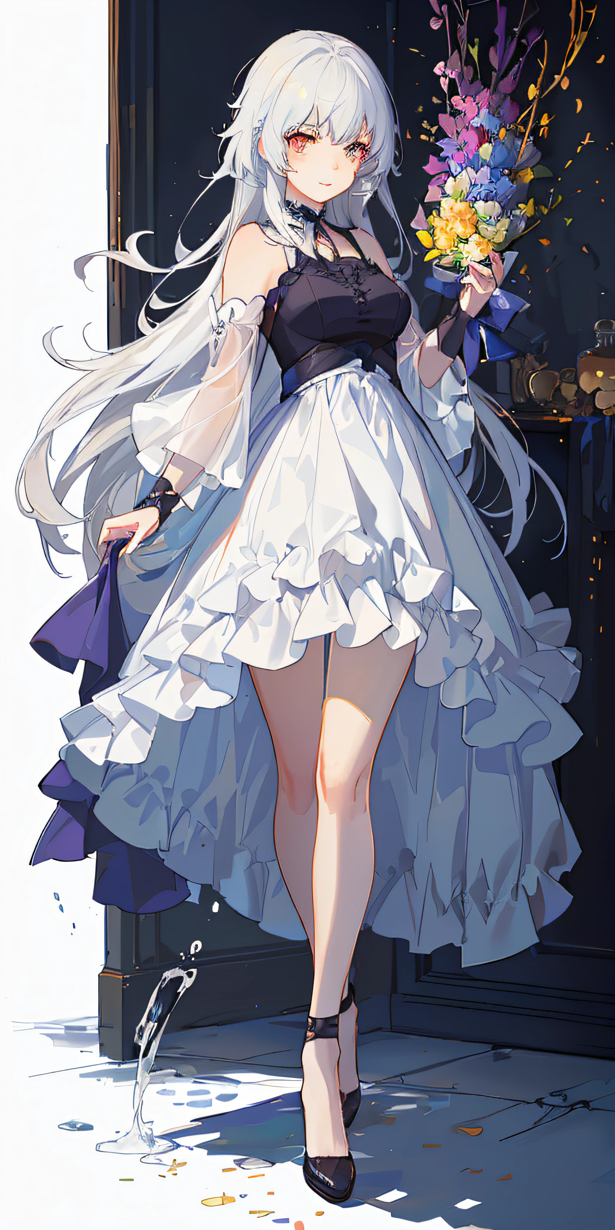 anime - style image of a woman in a white dress holding a bouquet, cute anime waifu in a nice dress, loli in dress, Anime girl wearing black dress, trending on artstation pixiv, Guweiz in Pixiv ArtStation, clean and meticulous anime art, Guweiz on ArtStation Pixiv, anime full body illustration, from girls frontline