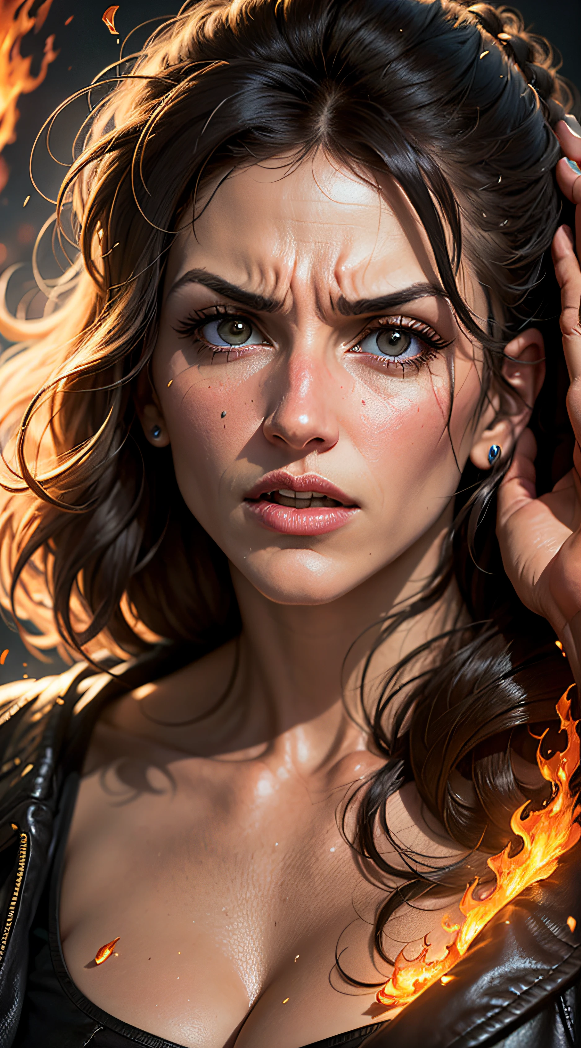 Jennifer Esposito, angry, close-up, fire in her eyes, glowing particles --auto