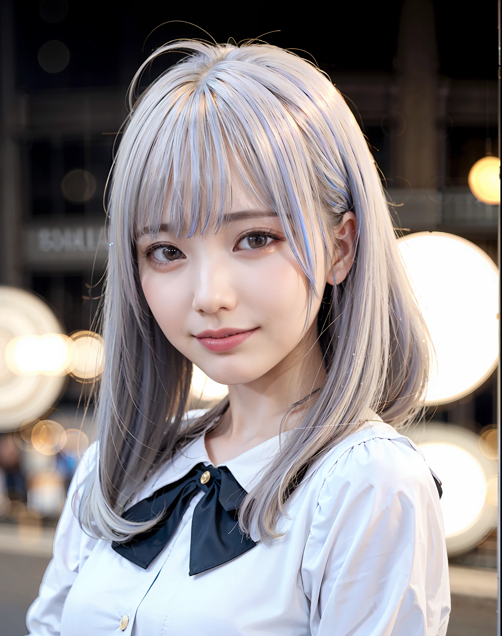 best quality, photorealistic, 8k, high res, 1girl, woman,(skindentation), (large breast), (professional lighting, bokeh), (street), (people, crowds:0.6), market,  (night:1.2),(white hair:2.0), (blouse:1.5), (portait:0.6), gorgeous, bloom, (floating hair),(light particles, lens flare, glowing particles:0.6), (dynamic pose:1.2), soft lighting,