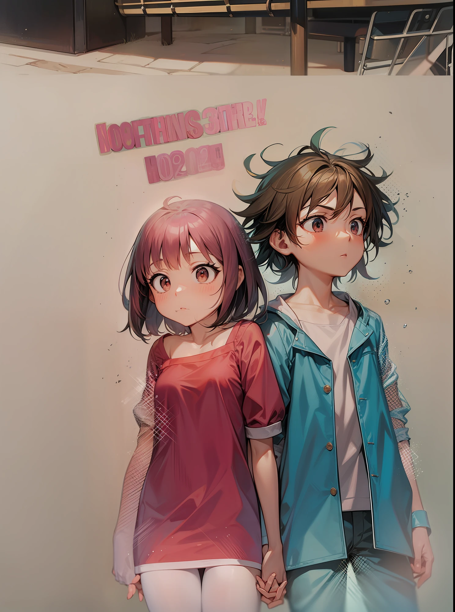 anime couple facing away from each other holding hands