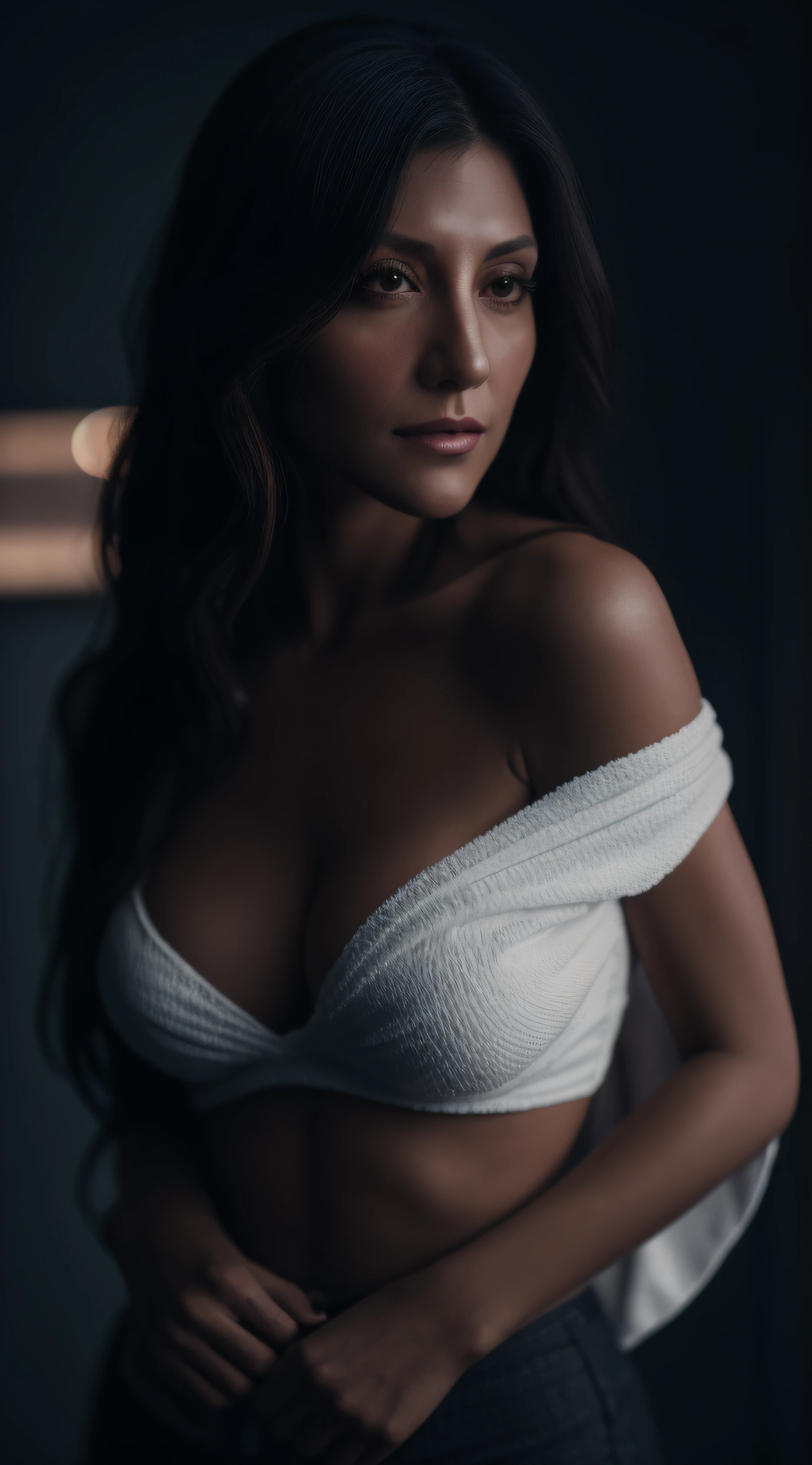 Jennifer Esposito body portrait, with long light brown hair style, beautiful and perfect eyes, (eye makeup: 1.1), (highly detailed skin: 1.1), (perfect small breasts), perfect slim body, wearing a bath towel white, ( (SFW)), realistic, FOTOREALISTIC, detailed face, soft lighting, Modelshoot style, professional photography, in a dark studio background, blurred background, RAW, analog style, sharp focus, 8k UHD, DSLR, high quality, Fujifilm XT3, grain, award-winning, masterpiece, --auto