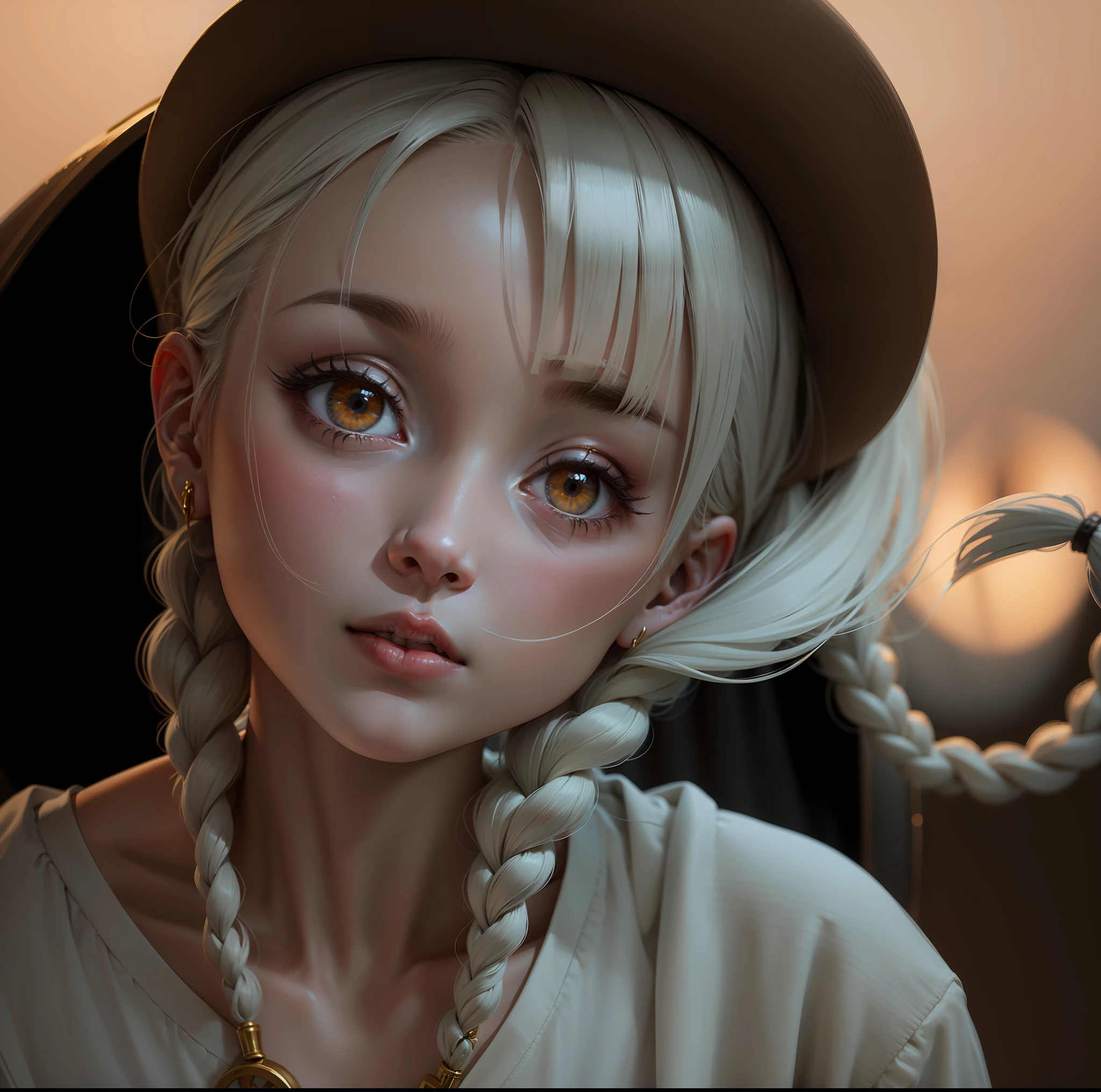 femele，White clothes，White hair，long braid，Look up at the golden pupils，The upper part of the body，Need，tmasterpiece
