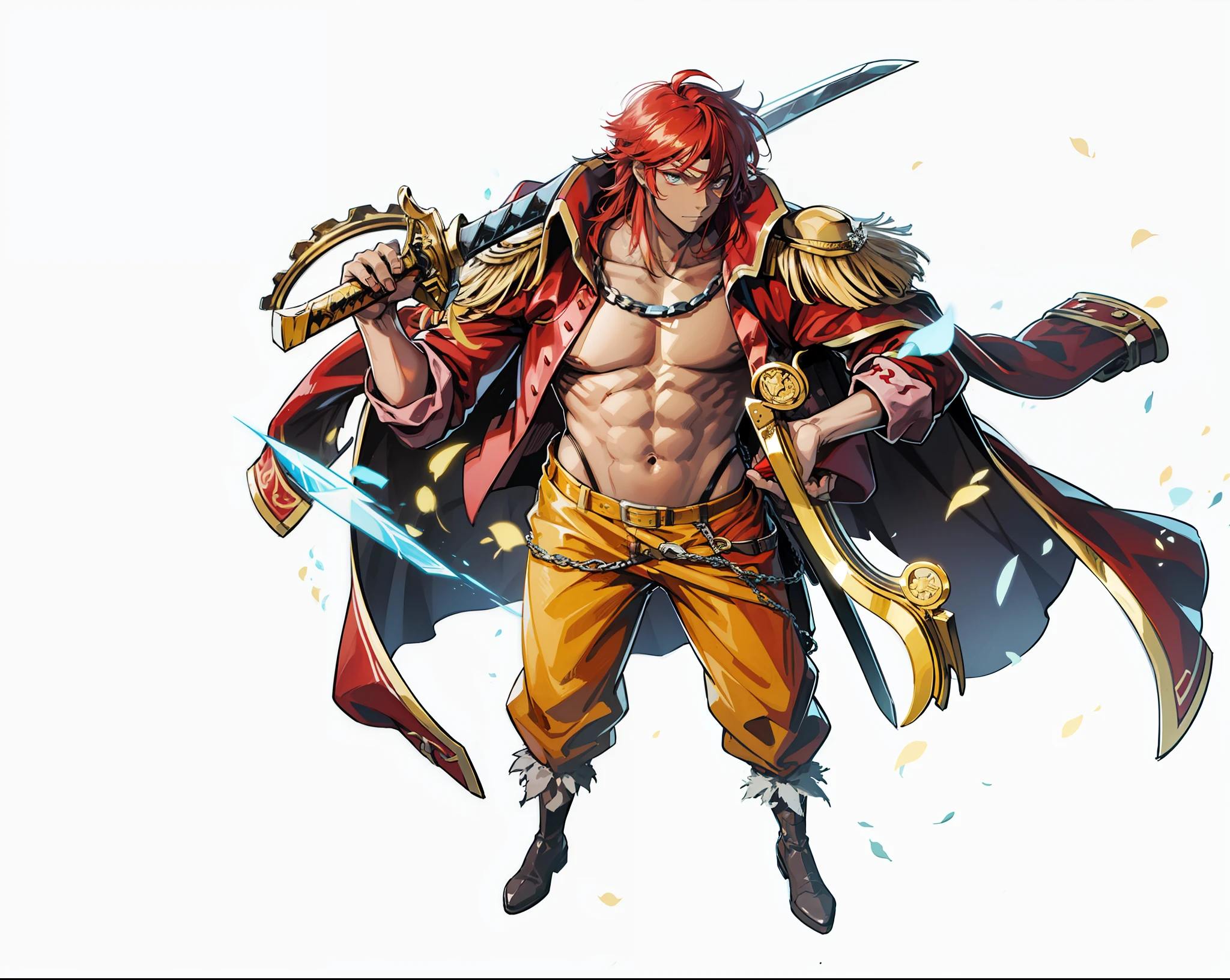 Man dark-skinned pirate king red hair with red coat and red hat with sword resting on his shoulder