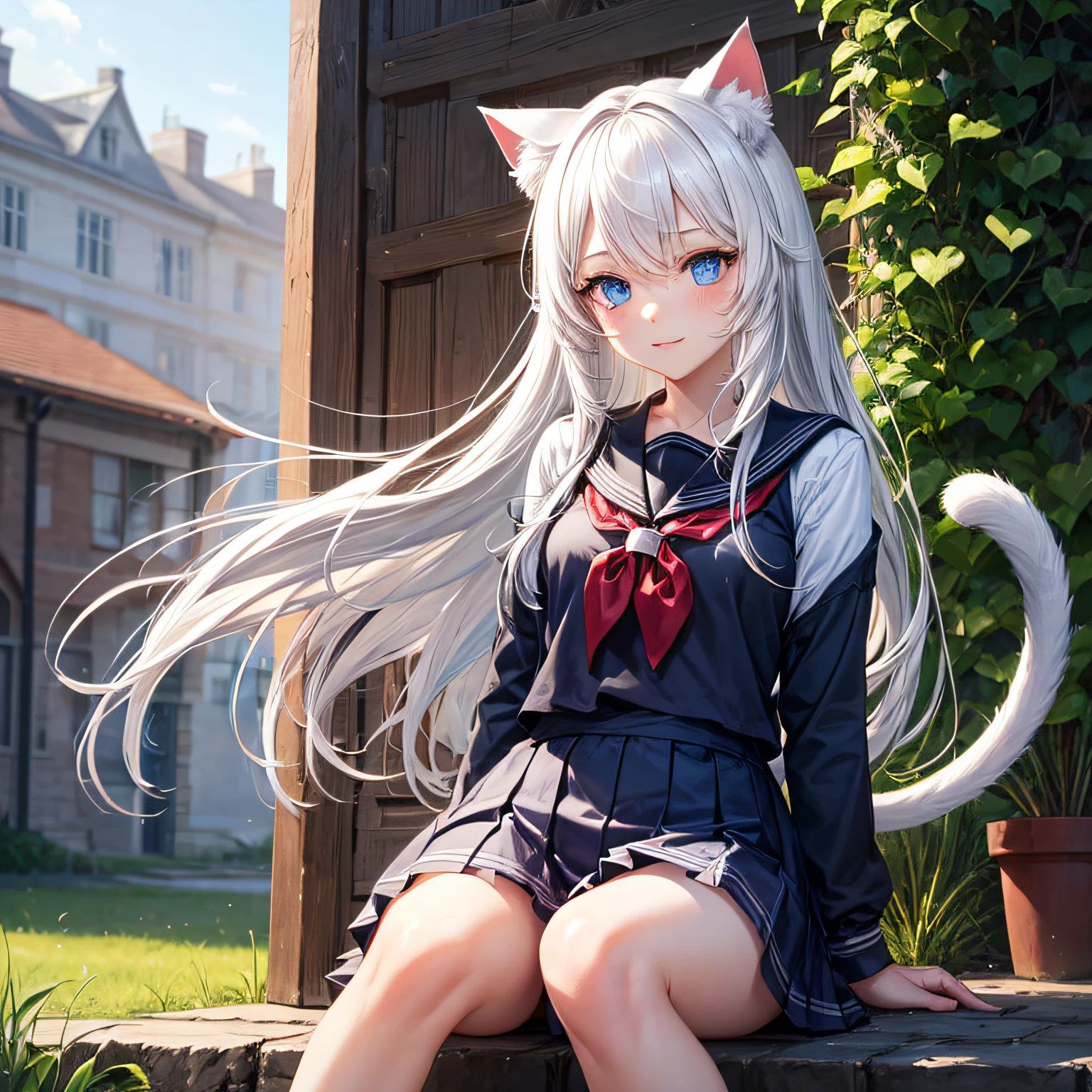 White hair，mid - length hair，Blue eyes，cat ear，Cat tail，Royal Sister，4K，Need，schoolgirls，Looks charming