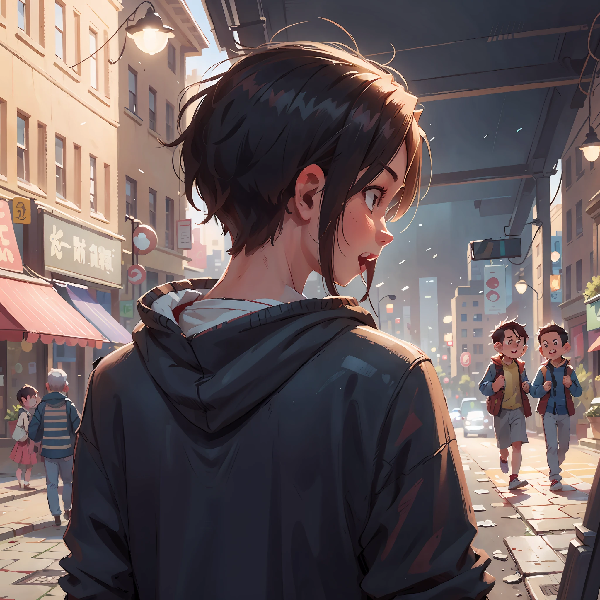 Two people walking together in the street, looking at each other with a face of passion one of the two is a man with short hair --auto --s2