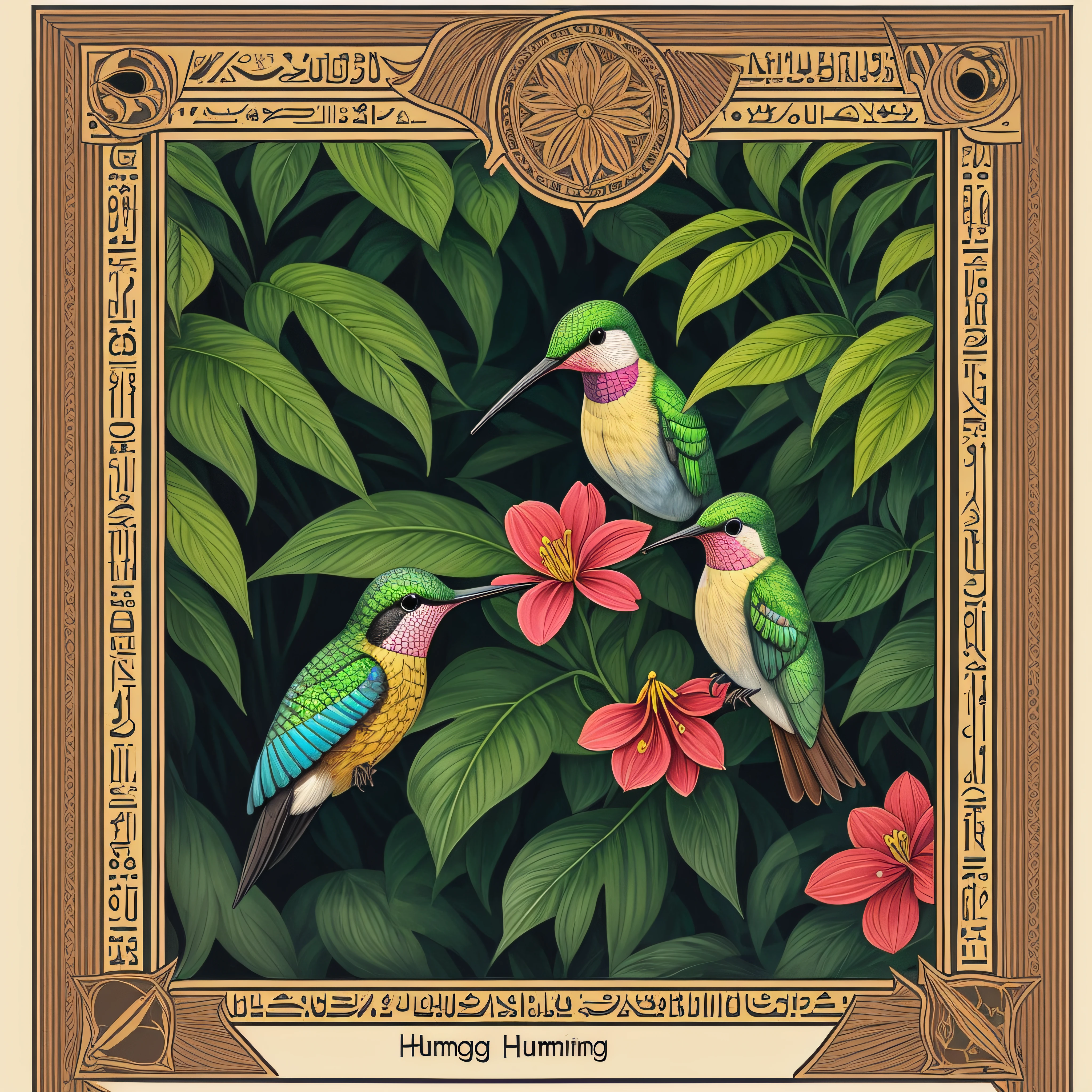 high detailed egyptian tarot card with a hummingbird and realistic flowers, in a jungle with perfect geometric frame around --auto