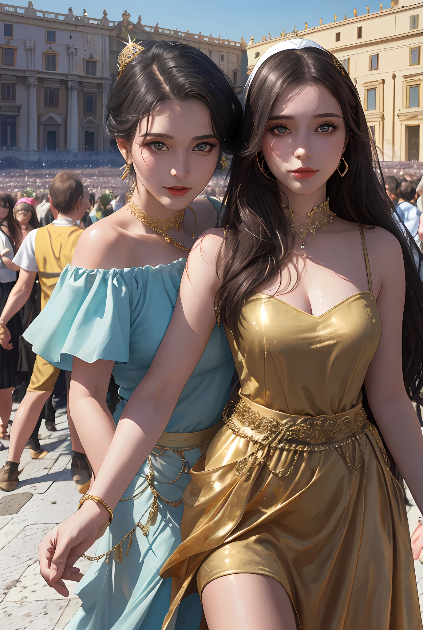 (巨作, Best quality, Realistic),
2girls,duo,(on the St. Peter's Square of Vatican,crowd of), sankta. Peter's Square of Vatican background,gypsy dress,(Princess Eyes,shiny pupils),Dancing,  Gold, banquet, crowd of, picking up skirt,
[Slight smile],