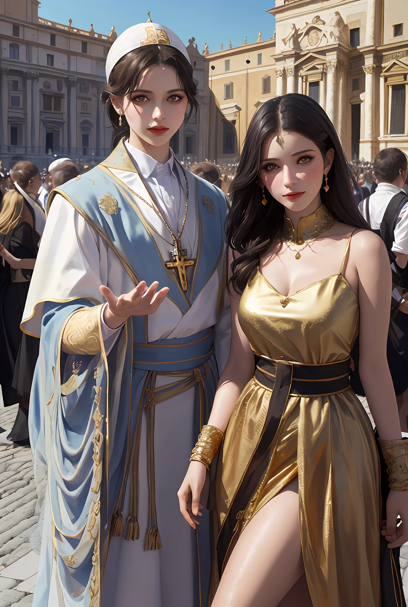 (巨作, Best quality, Realistic),
2girls,duo,(on the St. Peter's Square of Vatican,crowd of), sankta. Peter's Square of Vatican background,gypsy dress,(Princess Eyes,shiny pupils),Dancing,  Gold, banquet, crowd of, picking up skirt,
[Slight smile],