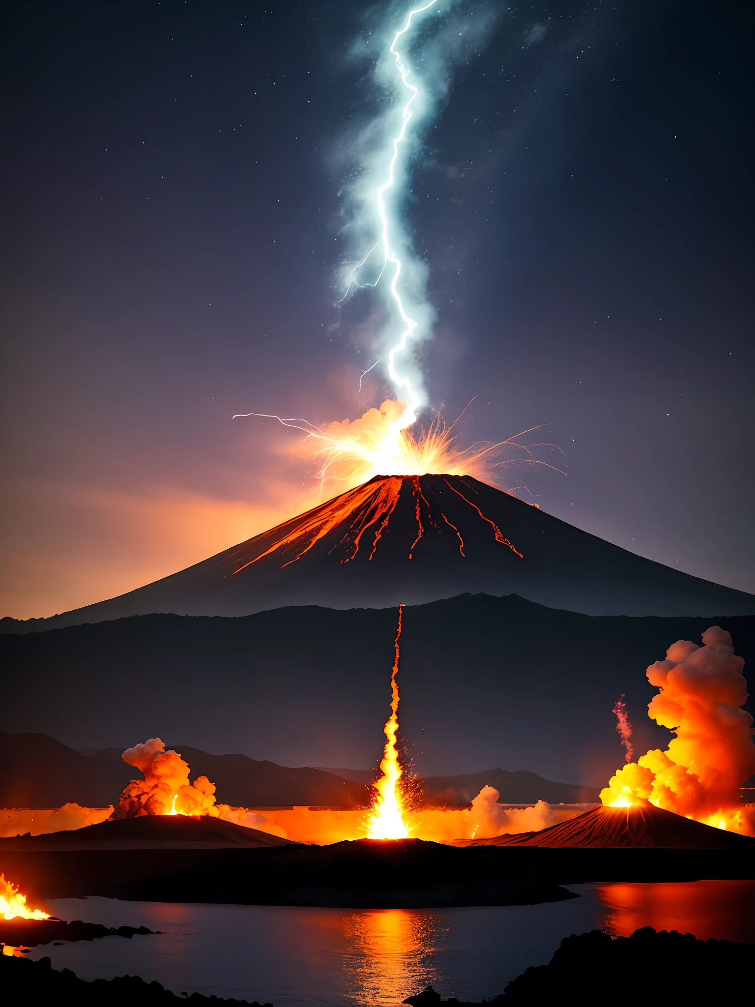 dramatic sky, blue lightning Style: masterpiece, best quality, 8k, sharp focus, realistic, ((Detailed)), ((Dynamic pose)), ((Good Highlights)), (Perfect Proportions), (dynamic), (intricate), (complimentary colors), good perspective, (Professional), (Award winning)
ADDCOMM
volcanic island background
Red flame, soft particles, explosion
BREAK
green flame, soft particles, explosion
BREAK
blue  flame, soft particles, explosion
volcanic island background