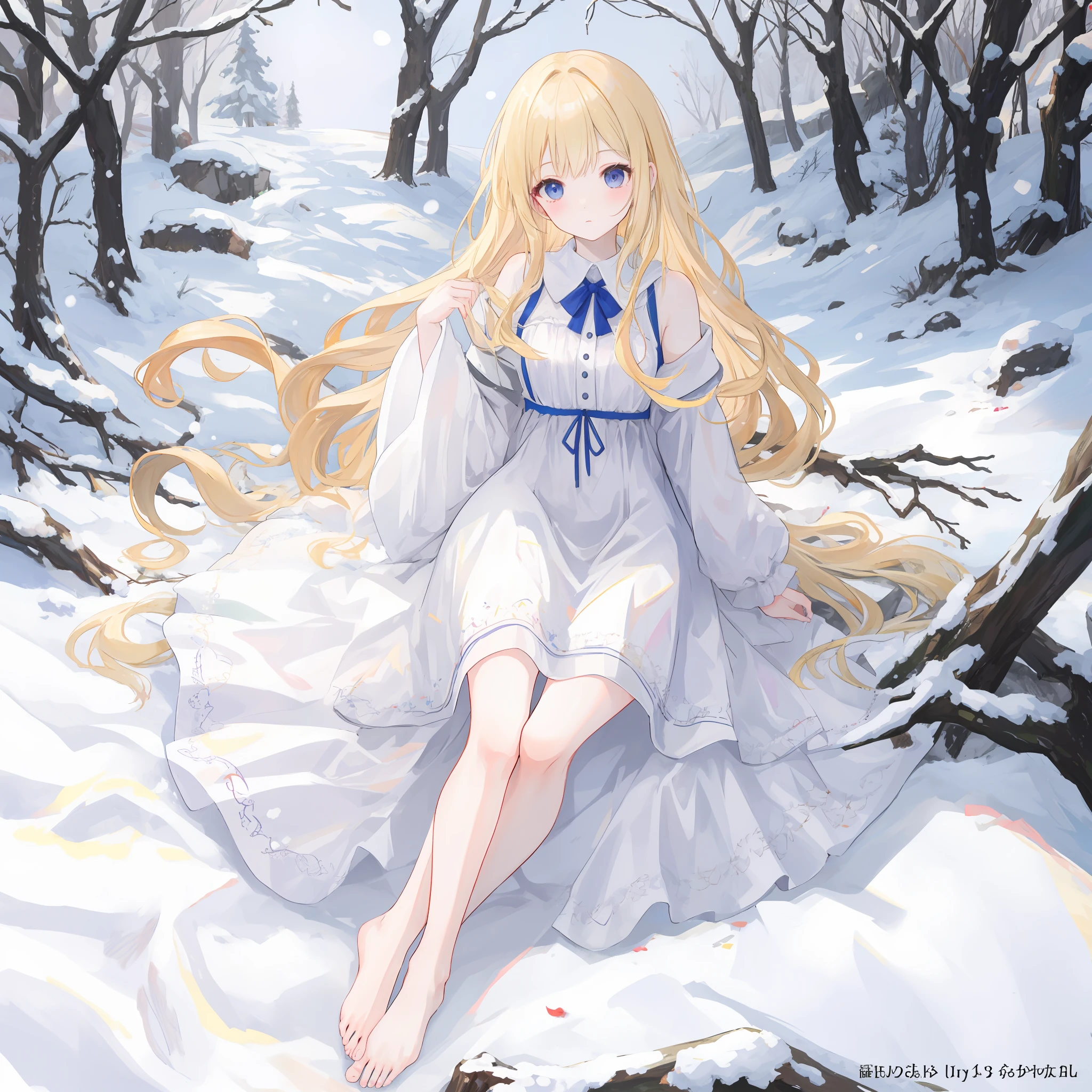 Long blonde hair flowing，With a petite figure，snowy day，Short white dress，Snow-white skin，Barefoot，Whole body diagram，tmasterpiece