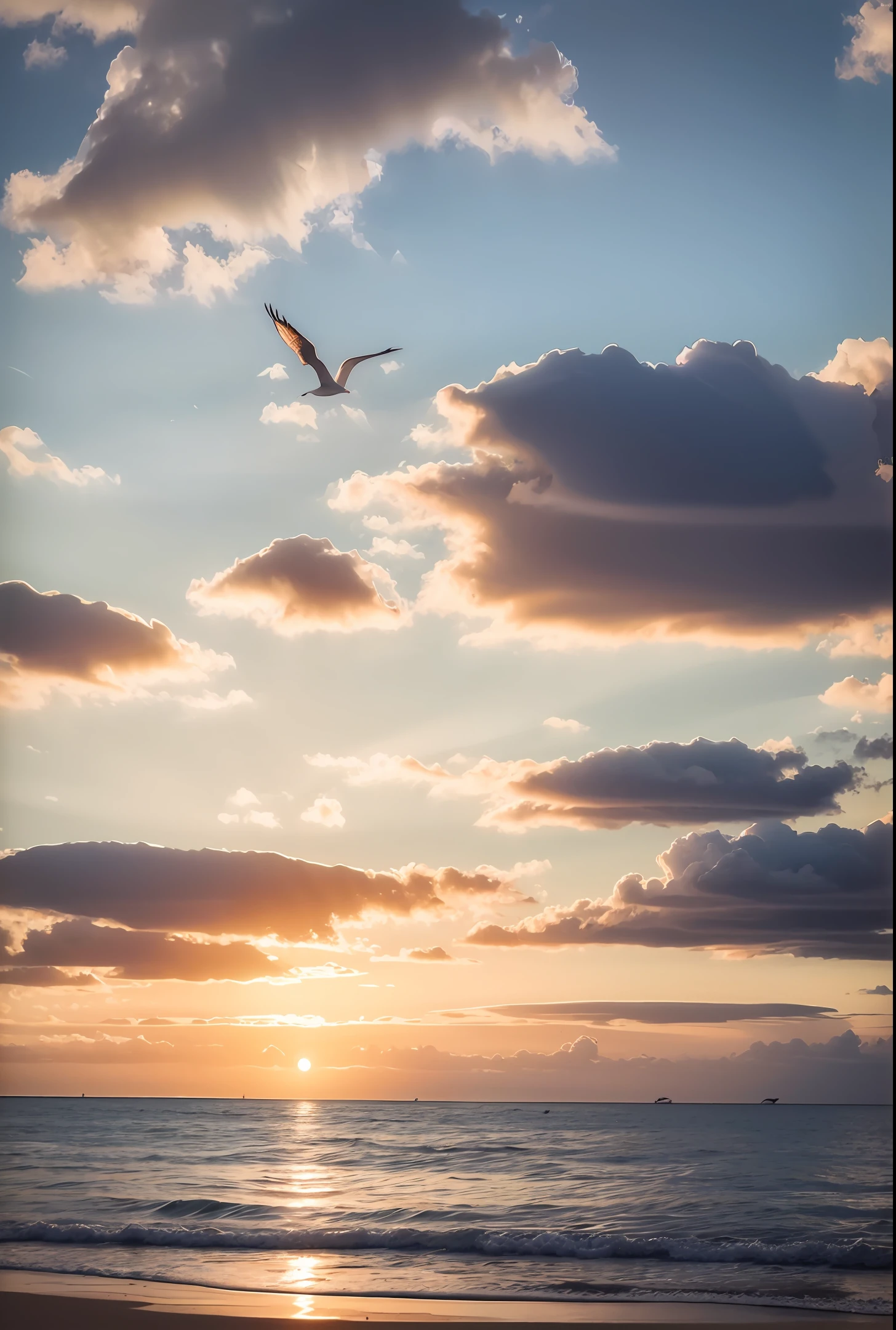 Absolutely mesmerizing sunset on the beach,The sky is mixed with orange、Pink and yellow。The sea is crystal clear,Kissing the shore tenderly,The white sand stretches as far as the eye can see。The scene is full of movement,breath-taking,Seagulls soar high in the sky,Palm trees sway gently。Soak up the calm atmosphere,Let tranquility envelop one