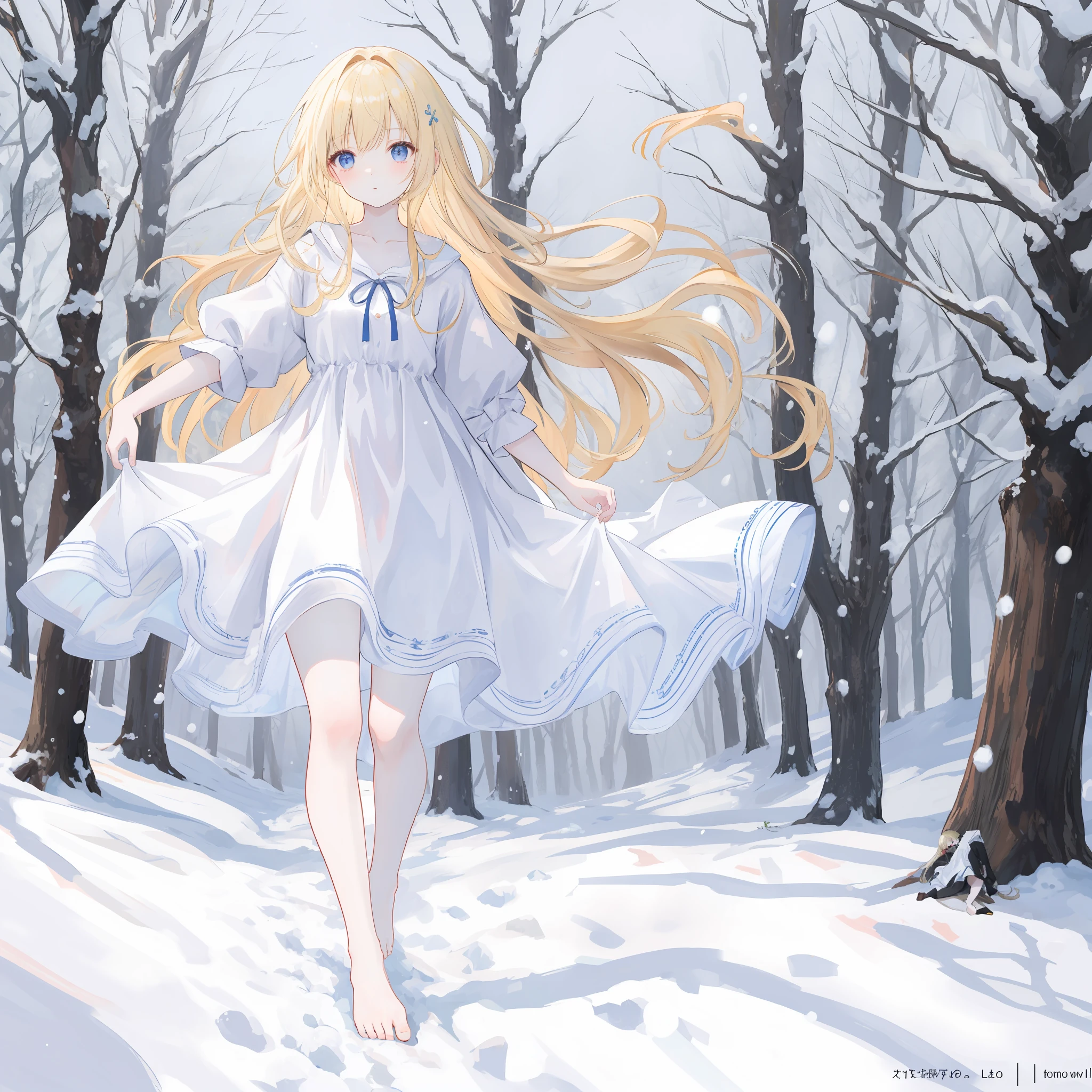 Long blonde hair flowing,With a petite figure,snowy day,Short white dress,Snow-white skin,Barefoot,Whole body diagram,tmasterpiece