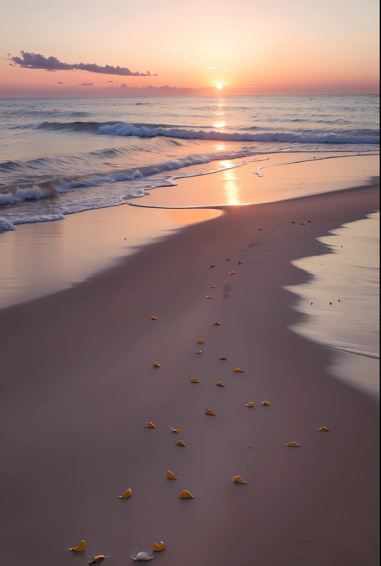 Absolutely mesmerizing sunset on the beach,The sky is mixed with orange、Pink and yellow。The sea is crystal clear,Kissing the shore tenderly,The white sand stretches as far as the eye can see。The scene is full of movement,breath-taking,Seagulls soar high in the sky,Palm trees sway gently。Soak up the calm atmosphere,Let tranquility envelop one