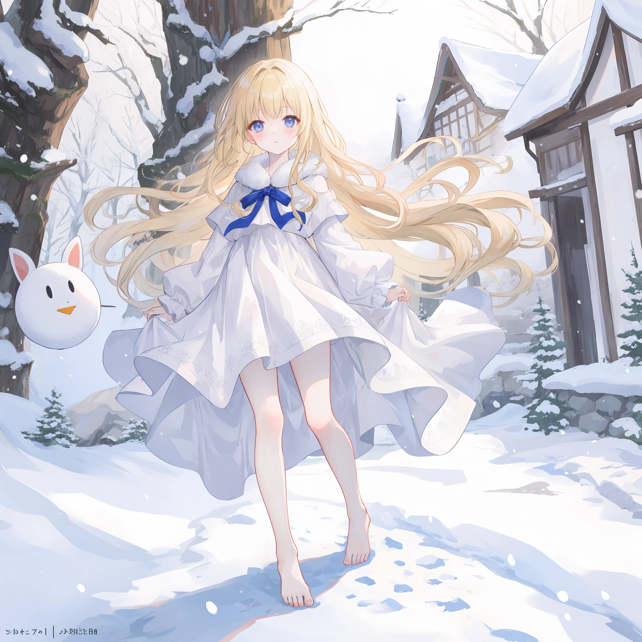 Long blonde hair flowing,With a petite figure,snowy day,Short white dress,Snow-white skin,Barefoot,Whole body diagram,tmasterpiece
