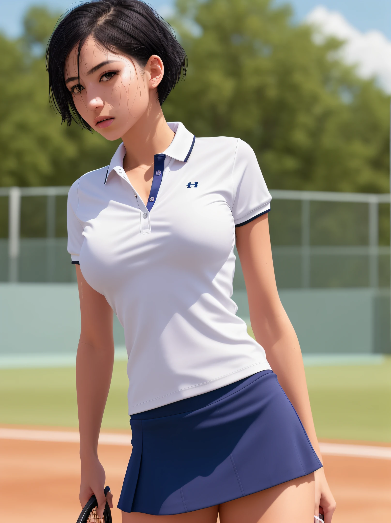 1girl, solo, white polo shirt, white sneakers, tennis wear, white miniskirt, masterpiece, best quality, realistic, hyper-detailed, (shiny skin, sweaty:1.4), absurd, looking at viewer, short black hair, brown eyes, slender, dynamic lighting, high resolution, sharp focus, depth of field, detailed eyes, sharp pupils, realistic pupils, (small breasts:1.6), (thick thighs:1.0), outdoor, sky