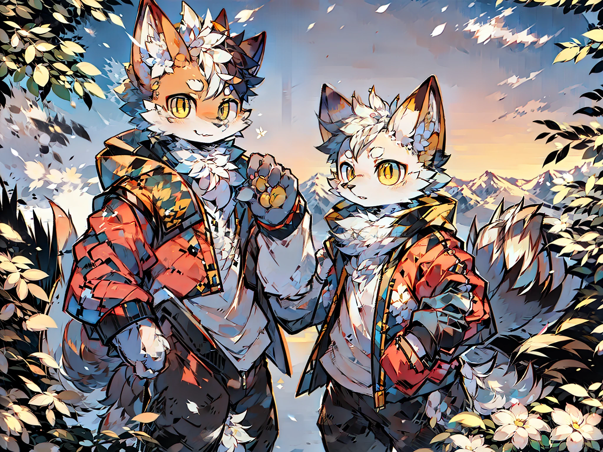 furry male white white flower fox bright pupil standing wearing yellow cotton jacket snow mountain sunset