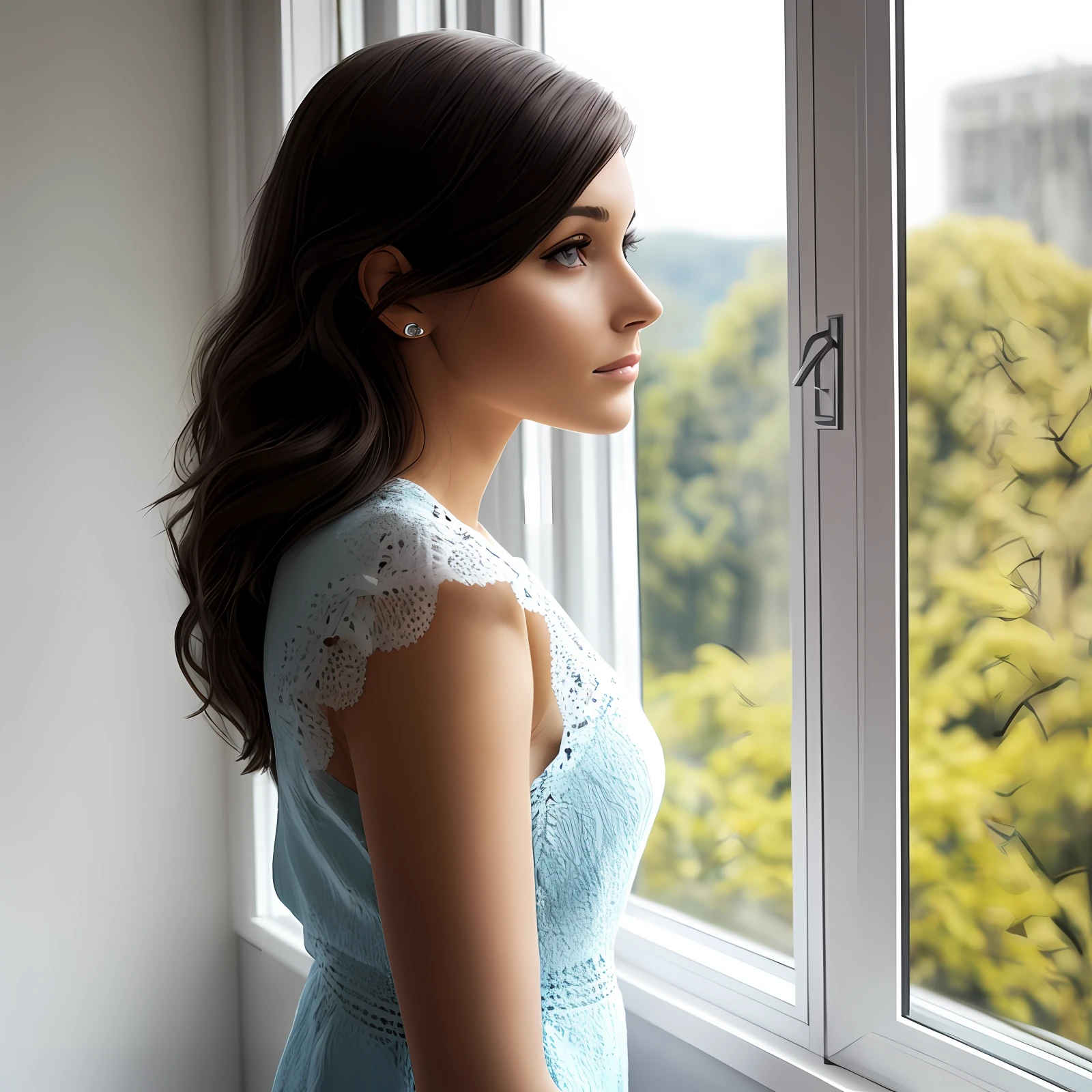A beautiful woman standing by the window