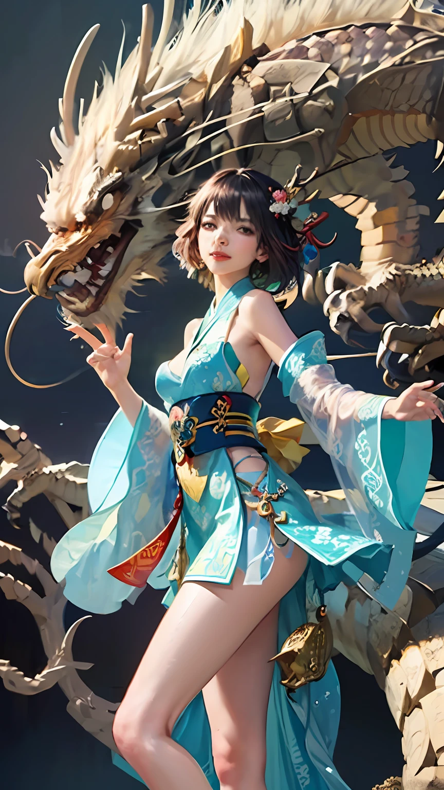 Official Art, Unified 8K Wallpapers, Ultra Detailed, Beautiful and Aesthetic, Masterpiece, Best Quality, (Zentangle, Tangle, Entangle), (fractal art: 1.4), 1girl, black hair, Chinese, bare shoulders, short skirt, calf, navel, very detailed, dynamic angle, cowboyshot, (most beautiful form chaos), flowing, (bright colors), oc, (half: 1.2), china, (thangka flying sky: 1.5), (ribbon: 1.3), (dream: 1.5), (hanfu: 1.5), Chinese dragon, Chinese phoenix, (smile: 0.5), (Chinese deity),