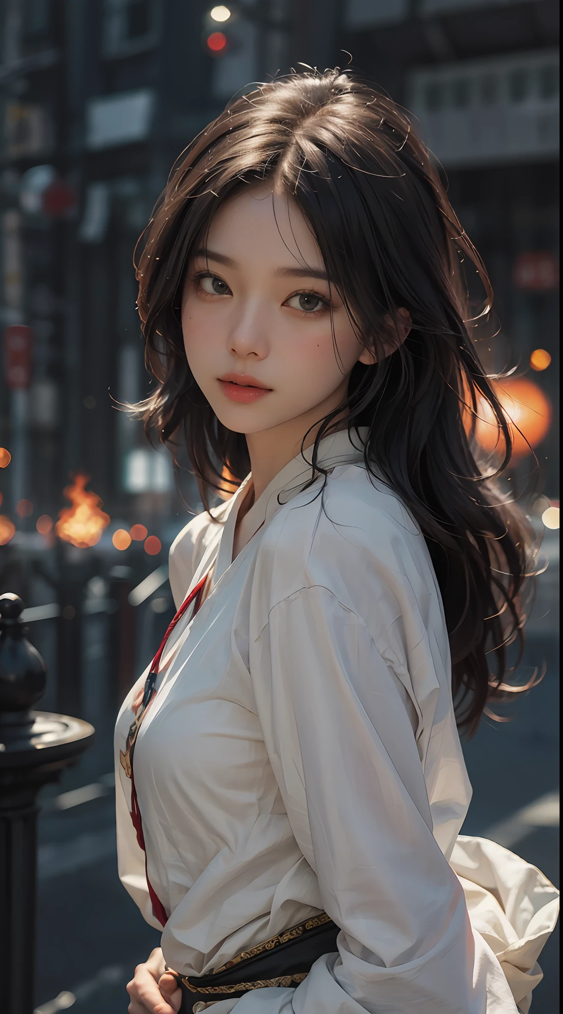 (RAW photo, best quality), (realistic, photo-realistic:1.3), best quality, highly detailed, masterpiece, ultra-detailed, illustration, 1girl, upper_body, dynamic angle, world mastery theater, messy_long_hair,best quality, extremely detailed CG unity 8k壁纸，ink，astounding，电影灯光，lens_flare，dunhuang_style，