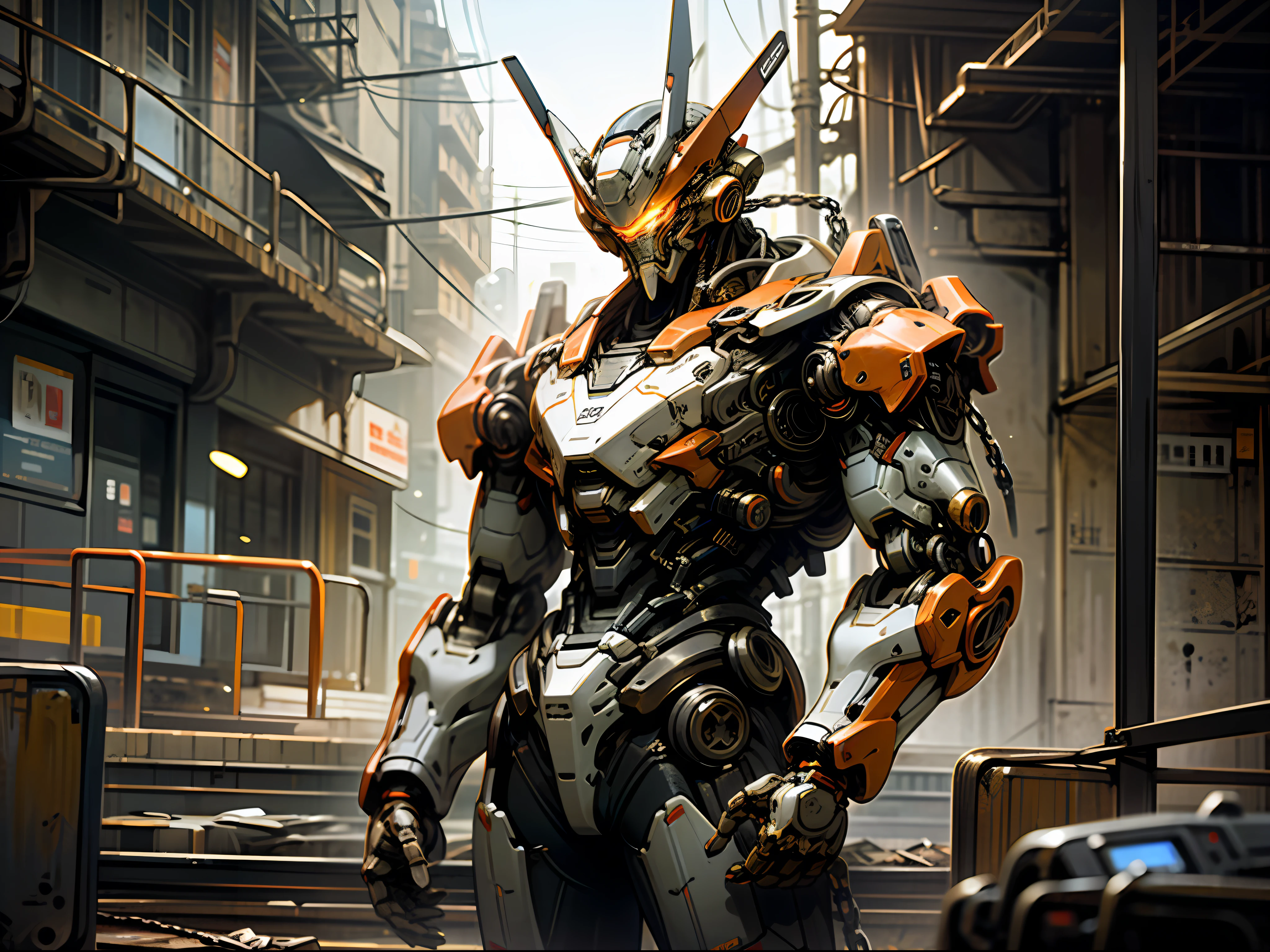 Dark_Fantasy,Cyberpunk,(chain saw,chain saw man,Red:1.1),1man,Mechanical marvel,Robotic presence,Cybernetic guardian, wearing a worn-out mech suit, intricate, (steel metal [rusty]), elegant, clear focus, shot by greg rutkowski, soft lighting, vibrant colors, masterpiece, ((street)), cowboy shot, dynamic pose,