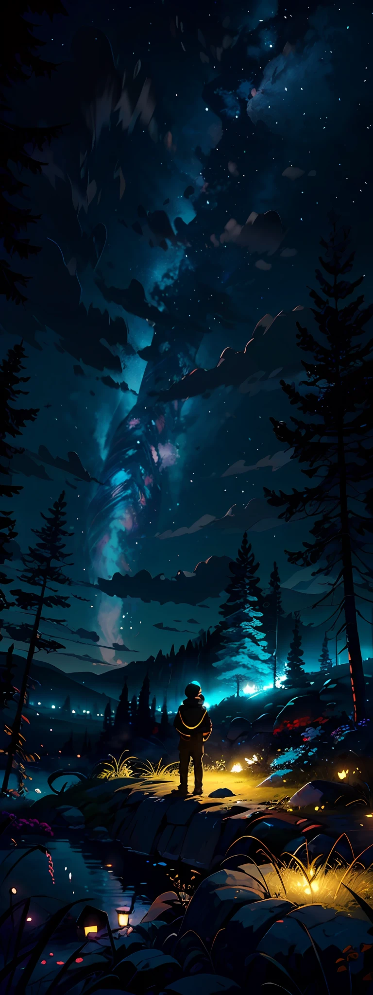 Expansive landscape photograph,(look from down,Above is the sky,Below is an open steppe),A boy standing on a stone looking up,(moon full:1.0),(meteors:0.4),(Starcloud:1.5),Far Mountain, Tree BREAK making art,(Warm light source:1.1),(glowworm:1.0),lamp lights,Lots of blue and yellow,Complicated details,Volumetric lighting BREAK(tmasterpiece:1.5),(best qualtiy),4k,ultra - detailed,(dynamic compositions:1.5),with high detail,plethora of colors,(Irridescent color:1.1),(with light glowing,Atmospheric lighting),dream magical,magical,(独奏:1.4)