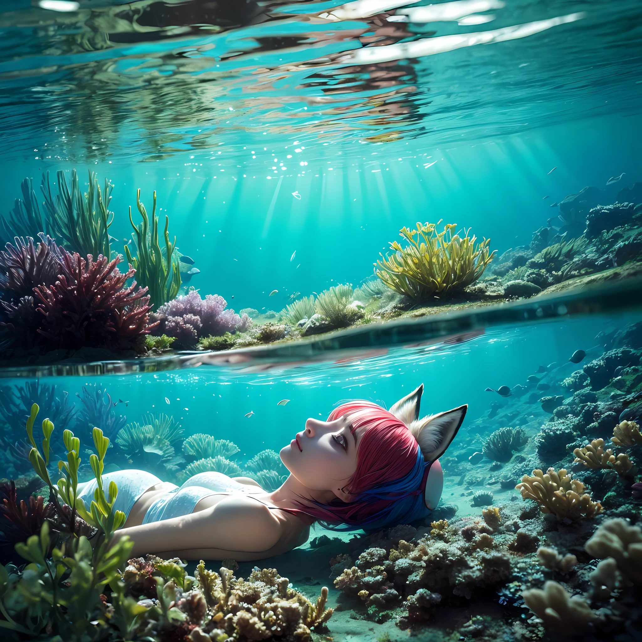 multicolored hair, tokin hat, mole under eye, fox ears, makeup, Surrealism, partially underwater shot, partially underwater shot, three sided view, Wide-Angle, 8k, super detail, best quality, highres --auto
