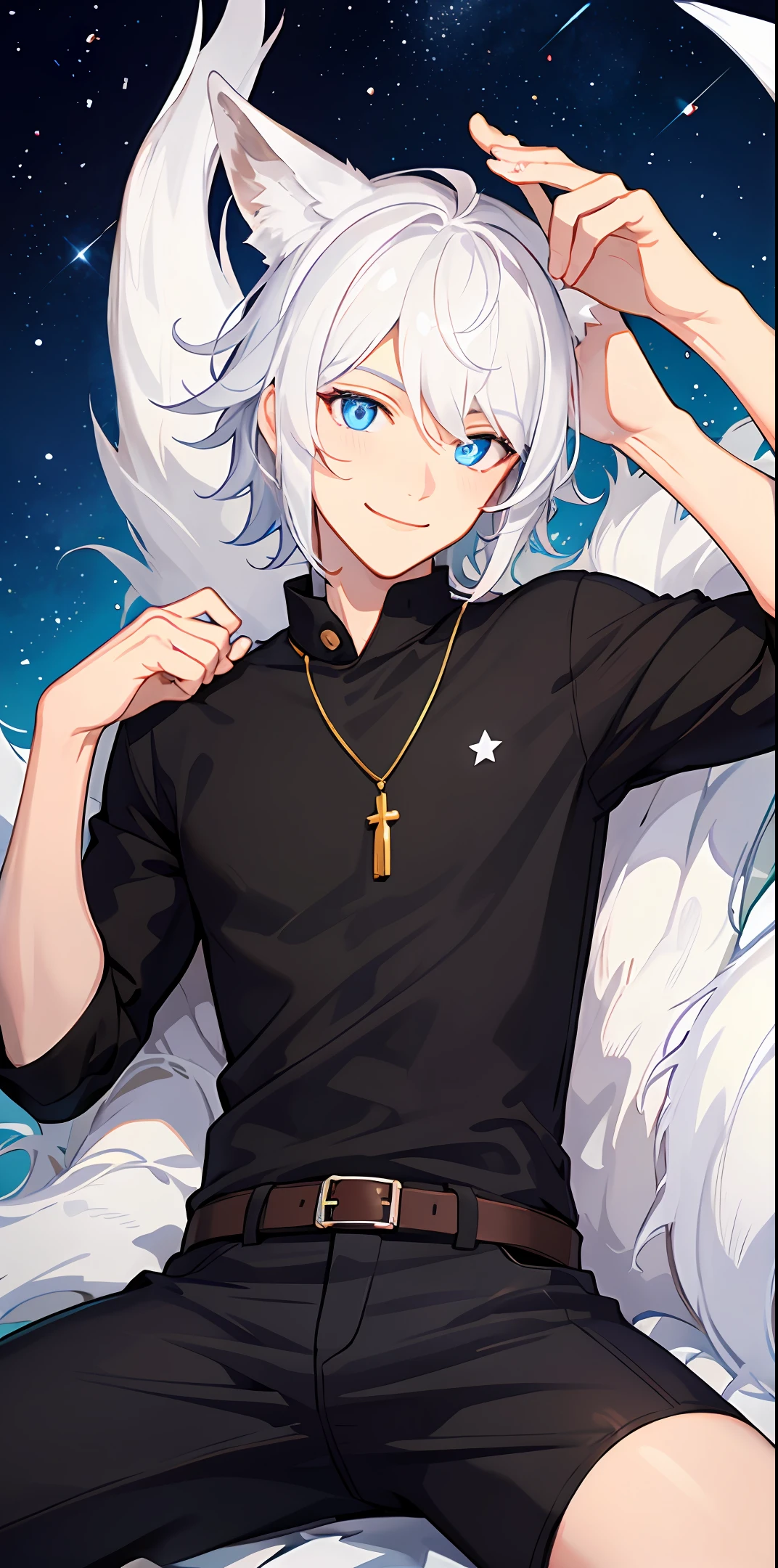 White hair, black shirt, gamepad in hand, male character Q version, white fox lying on his head, blue eyes, soft face, smile, some sparkling stars on the background, avatar
