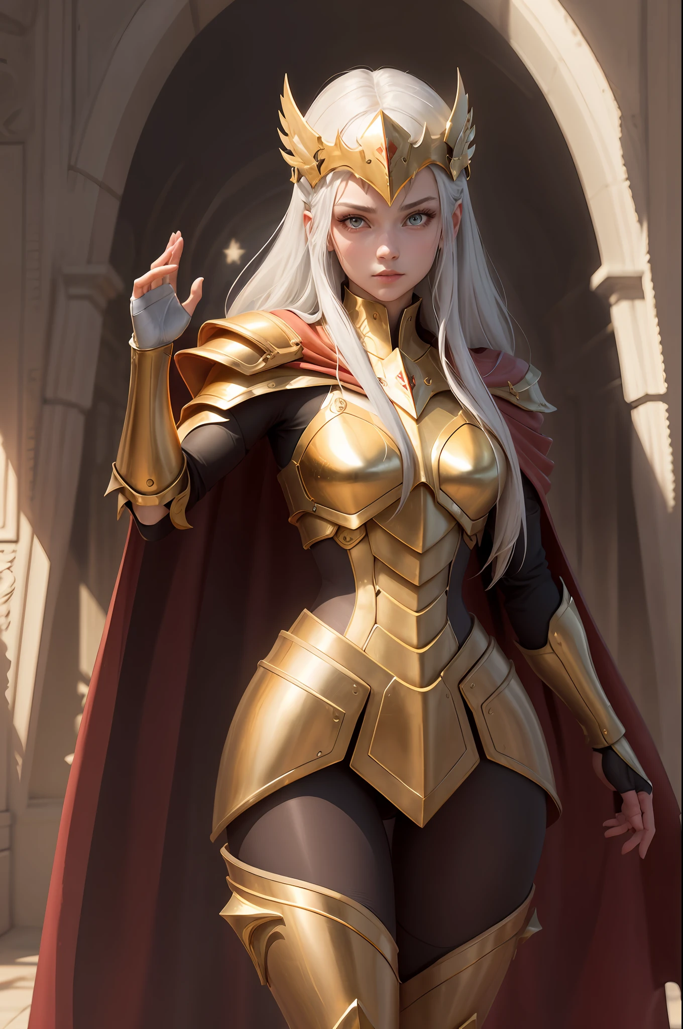 realisticlying, tmasterpiece, Best quality at best, 1girll, s the perfect face, looking at viewert, hand in the air, The skin is tight and transparent vinyl, Very long silver hair, red color eyes, paleskin, gemini, Gold armor with white parts, armour, shelmet, line art, Dim light, low tune, Sharp focus, octanerender, The light from the back window is backlighted,Red cape,Gorgeous pattern
