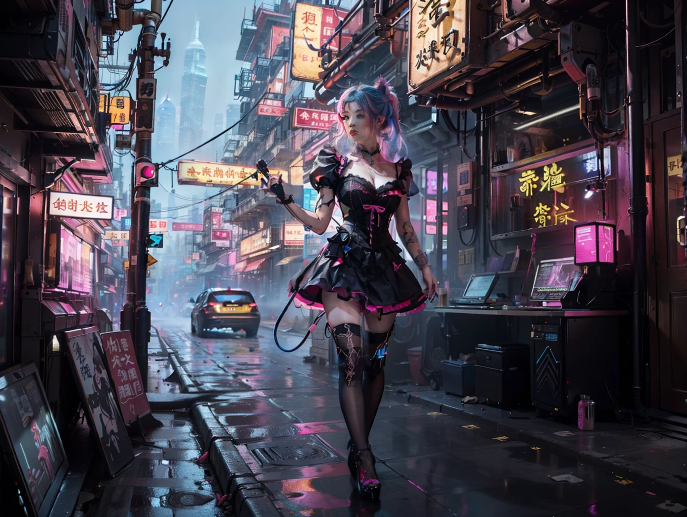 (Masterpiece, Top Quality, Best Quality, Official Art, Beauty & Aesthetics: 1.2), (1 Girl: 1.4), Full Body Shot, ([Pink|Blue] Hair: 1.5), Extreme Detail, (Fractal Art: 1.3), (color: 1.5), highest detail, (mechanical modification: 1.3), (modification: 1.2), maiden, (complex mechanical catheterization back: 1.5), (neon background: 1.4), (neon city: 1.75), night, room, Hong Kong, neon signs in traditional Chinese (Gothic style_ Lolita with breasts: 1.2), high heels, makeup, blush, (