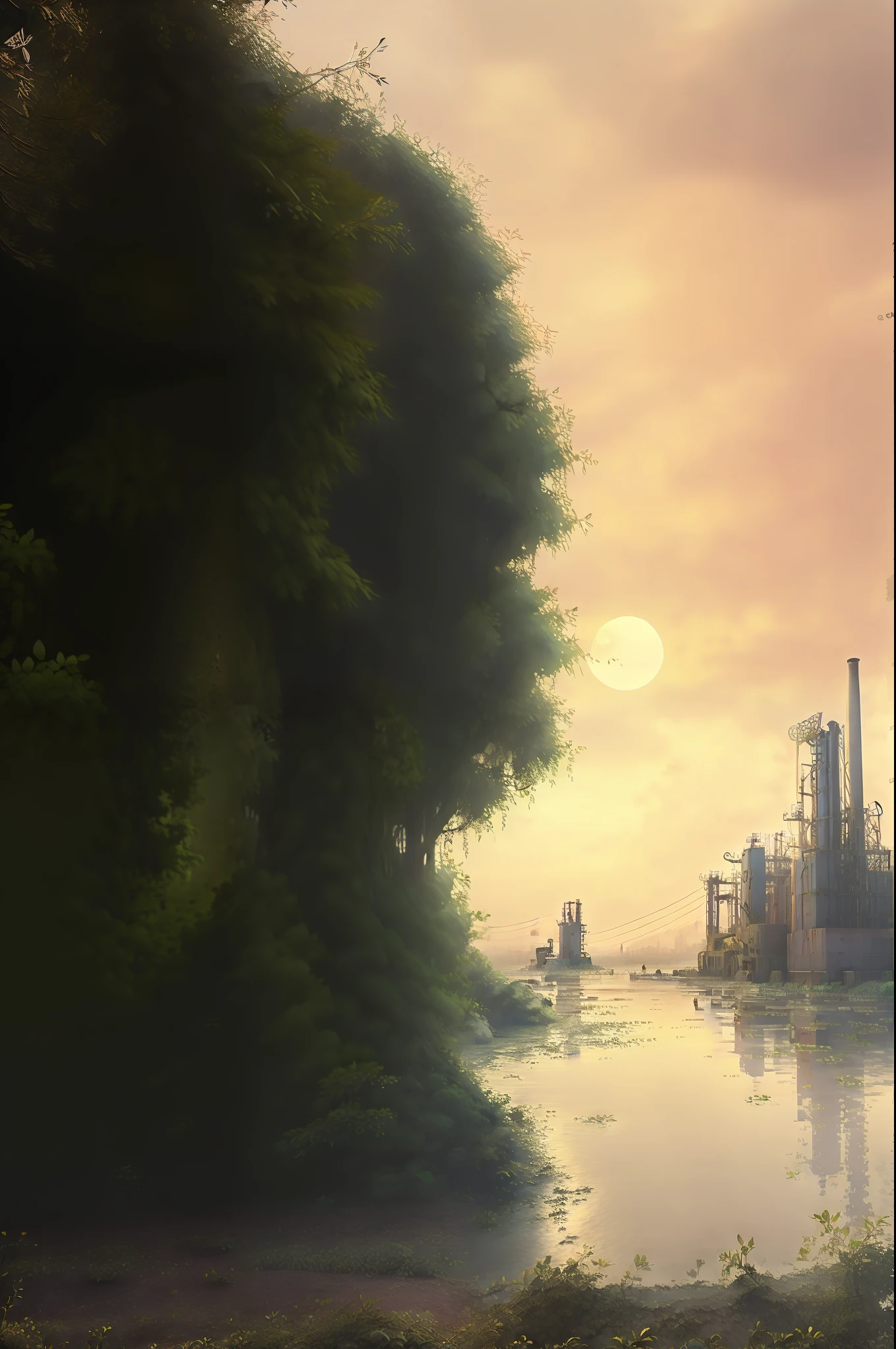 There is a picture of a city with a river in the foreground - SeaArt AI
