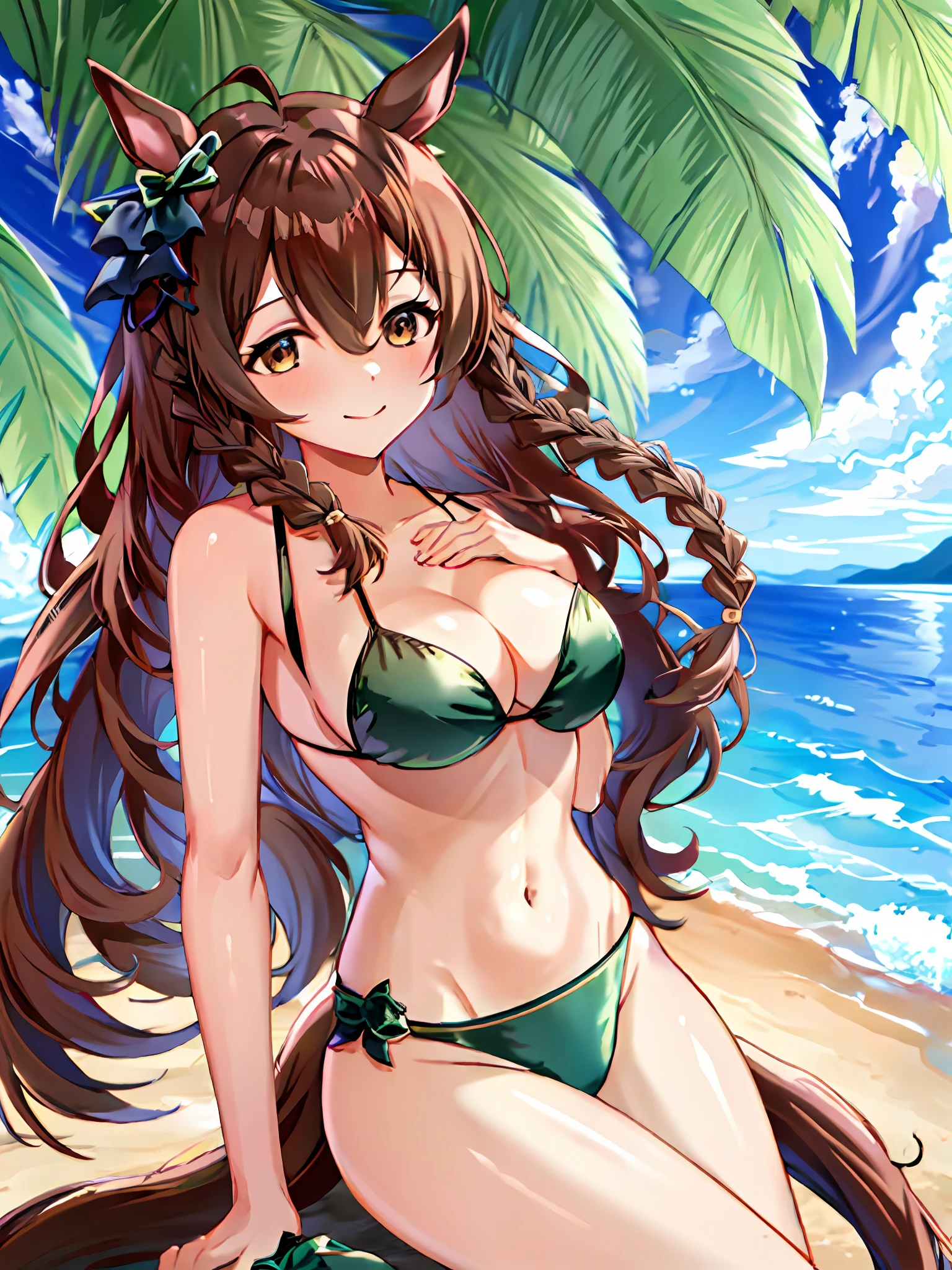 1 Girl, Solo, Horse Girl, Horse Girl, Horse Ear, Horse Tail, Brown Eye, Brown Hair, Long Hair, Light Smile, Earbow, Green Bikini, Navel, Thigh, Medium