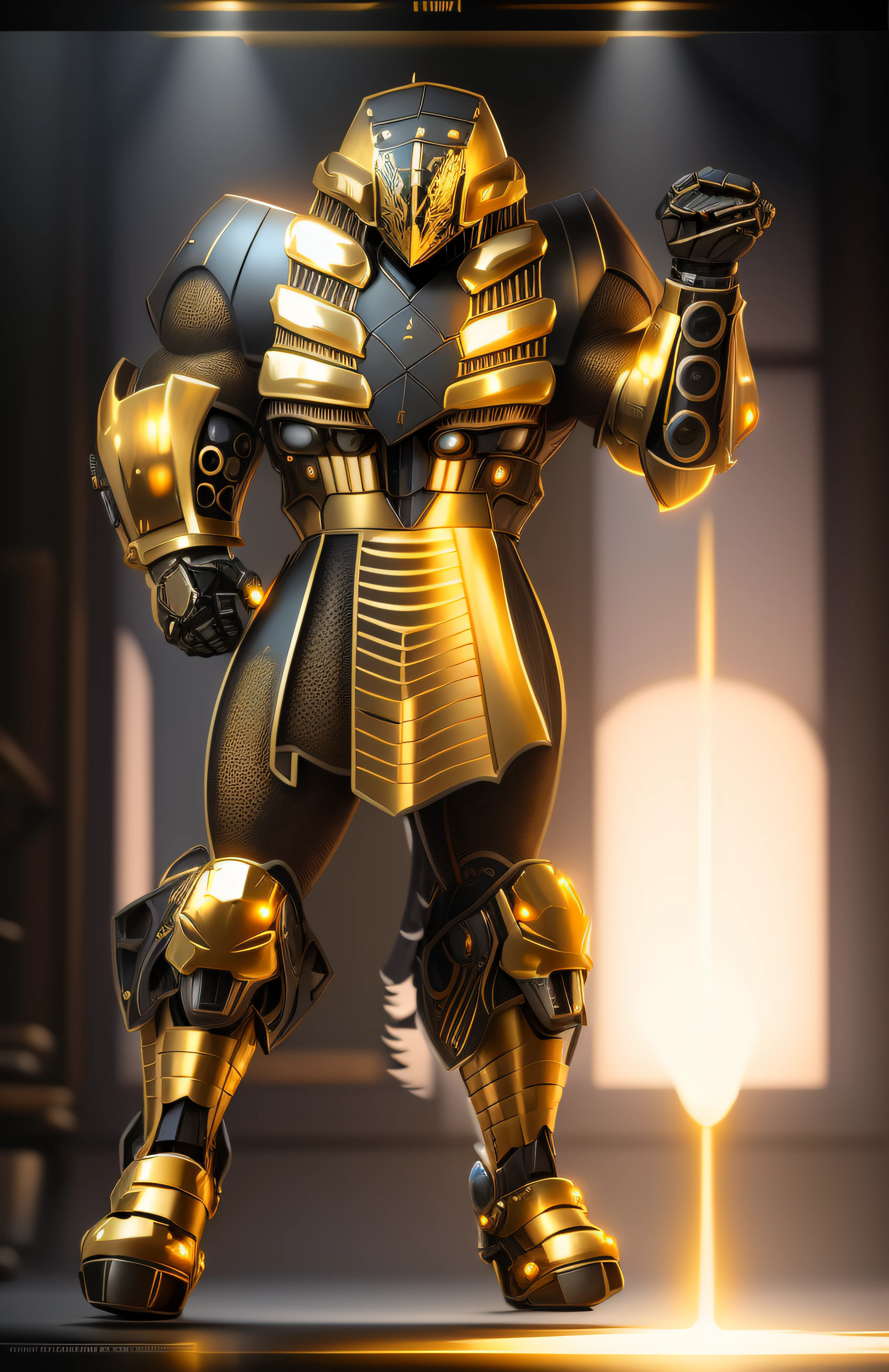 a close up of a robot with a glowing suit on, armadura brilhante elegante, Retrato completo de Electromancer, luzes brilhantes na armadura, Deus grego no estilo mecha, Armadura obsidiana de ouro pesado, Sci - Armadura de Fi:! musculoso, intrincada armadura mecha brilhante, Armadura Obsidiana de Ouro, cyber fight armor, Personagem de Mortal Kombat, Armadura Conceitual