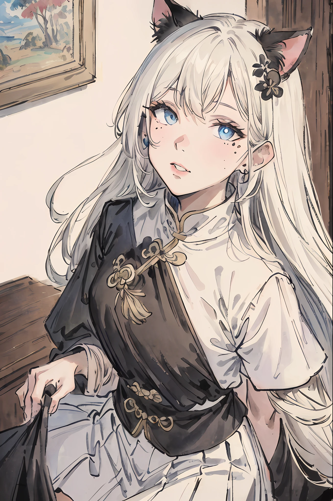The best beautiful girl,World Masterpiece Theatre,super-fine,whaite hair,whaite hair,white color hair,white color hair,eBlue eyes,Danfeng Eyes,middle parted bangs,Mole on the nose,Mole on the nose,There is a flush on the face,Puppet cat ears,Wear a black mask for one eye,ellegance,A high resolution,Need,1girll,illustratio,looking at viewert, impasto, canvas, oil painted, Realistic, Realist,Real,white skirt,white skirt