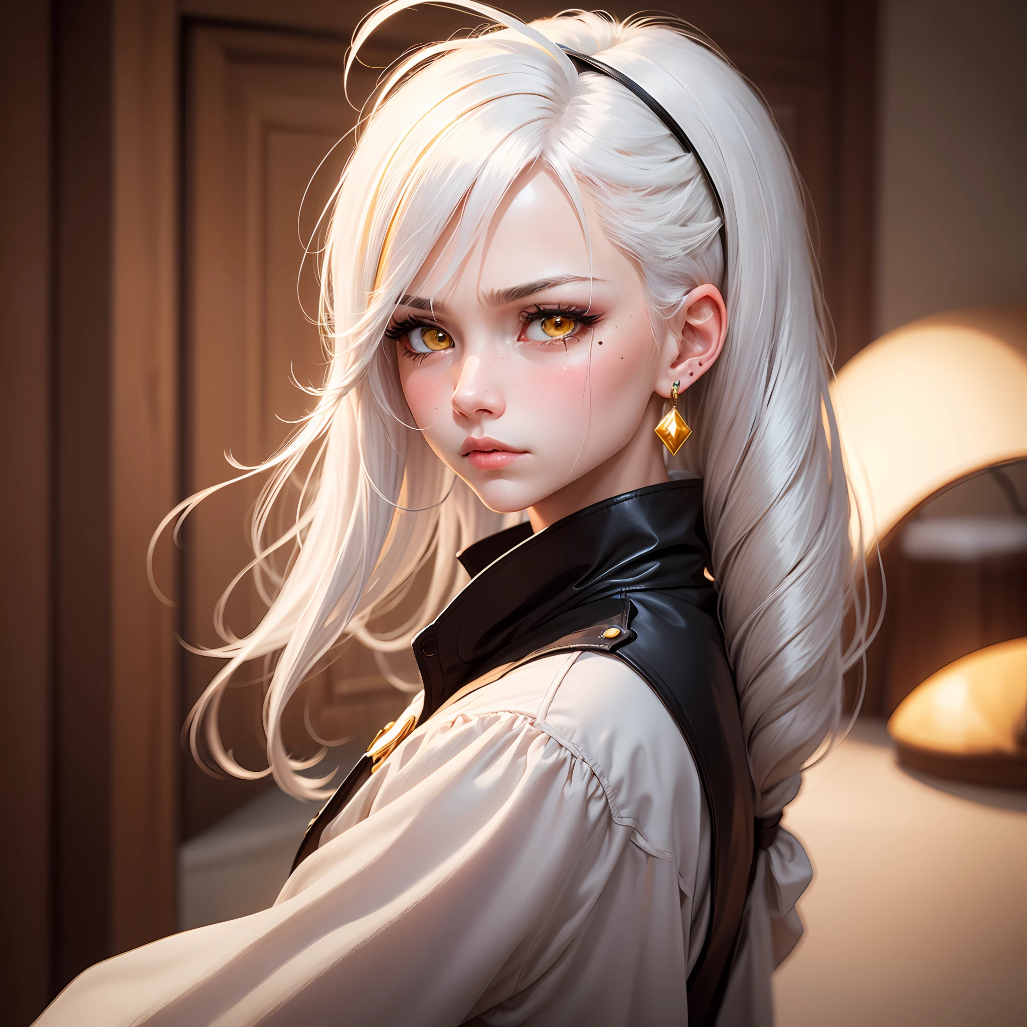 white hair, ahoge, colored inner hair, ponytail, hair bobbles, white hairband, mole under eye, yellow eyes, earrings, blush, frown, tearing up, puckered lips, ear blush, cowboy shot, UHD, ccurate, textured skin, high details, high quality --auto