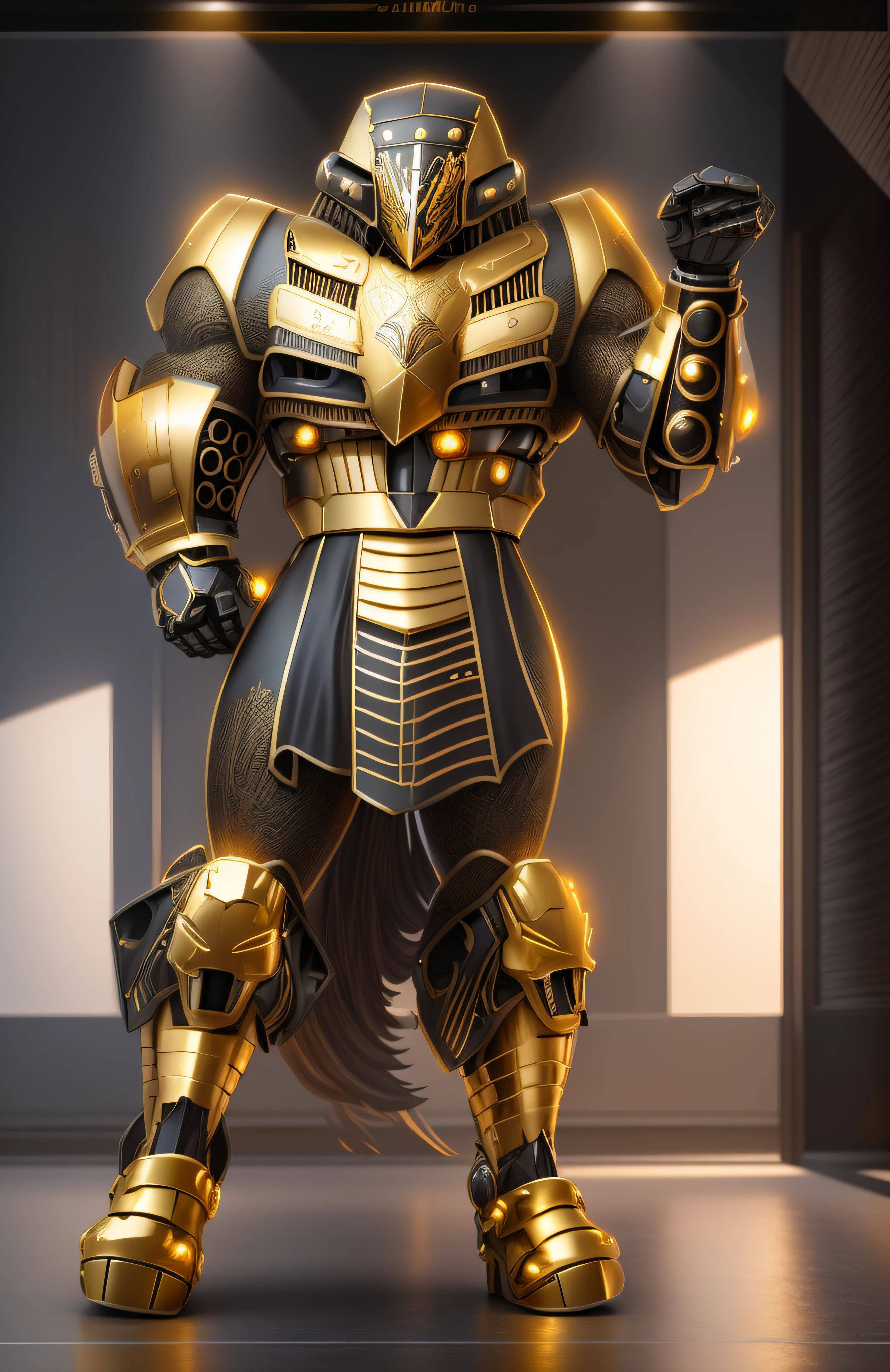 a close up of a robot with a glowing suit on, armadura brilhante elegante, Retrato completo de Electromancer, luzes brilhantes na armadura, Deus grego no estilo mecha, Armadura obsidiana de ouro pesado, Sci - Armadura de Fi:! musculoso, intrincada armadura mecha brilhante, Armadura Obsidiana de Ouro, cyber fight armor, Personagem de Mortal Kombat, Armadura Conceitual