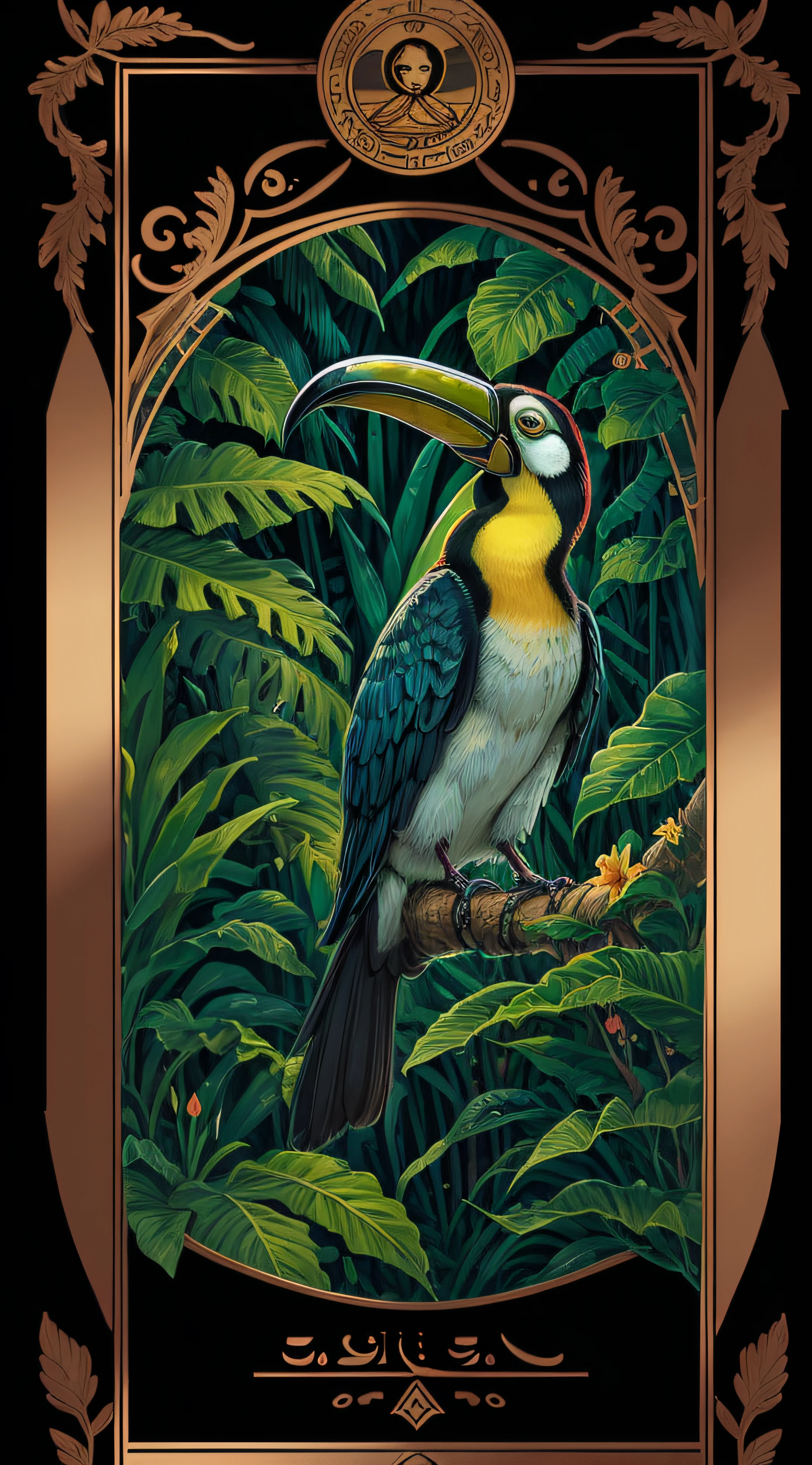 high detailed egyptian tarot card with a toucan and realistic tropical flowers, in a jungle with simmetrical frame around --auto