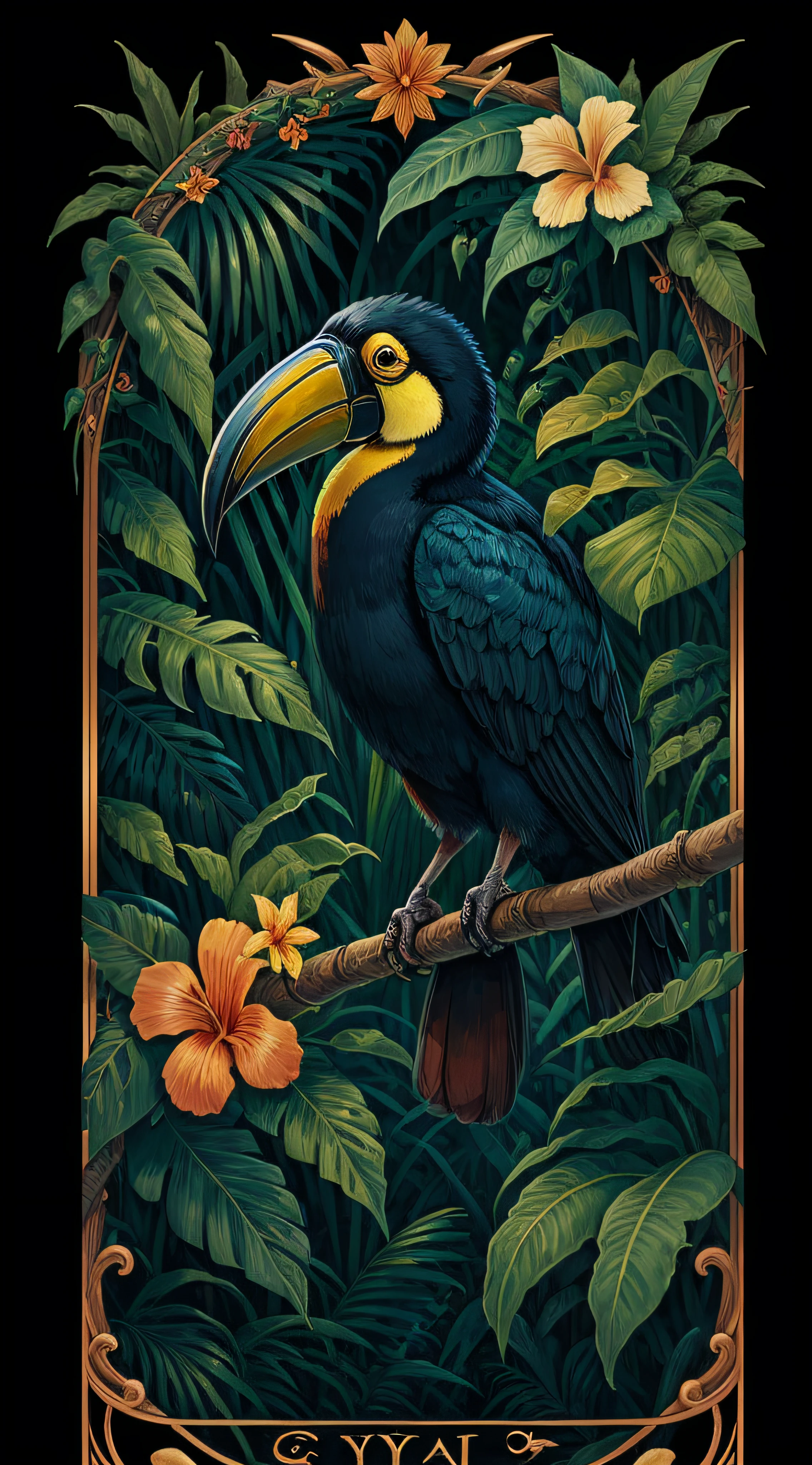 high detailed egyptian tarot card with a toucan and realistic tropical flowers, in a jungle with simmetrical frame around --auto