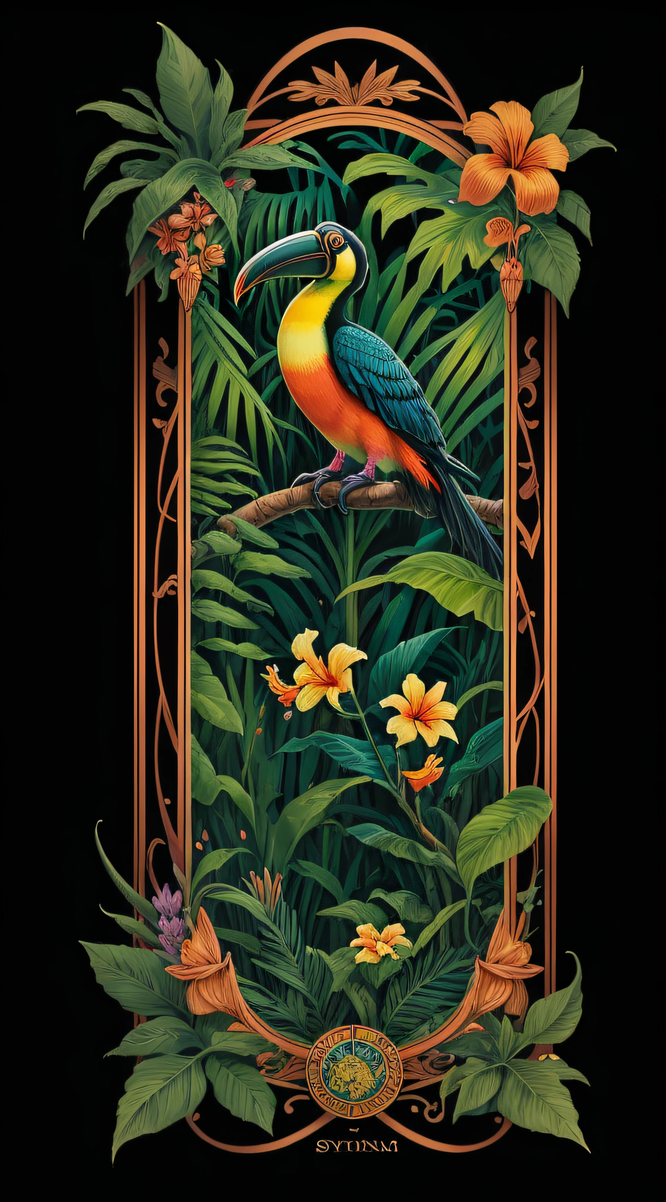 high detailed egyptian tarot card with a toucan and realistic tropical flowers, in a jungle with simmetrical frame around --auto