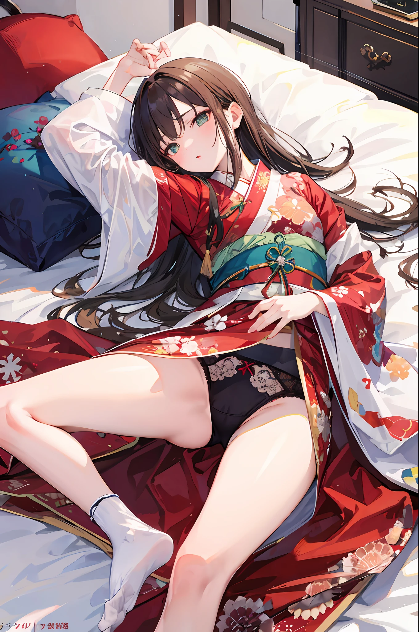 Brunette girl lying on bed，Dressed in Hanfu，White socks and jade feet raised high，The reveal panties