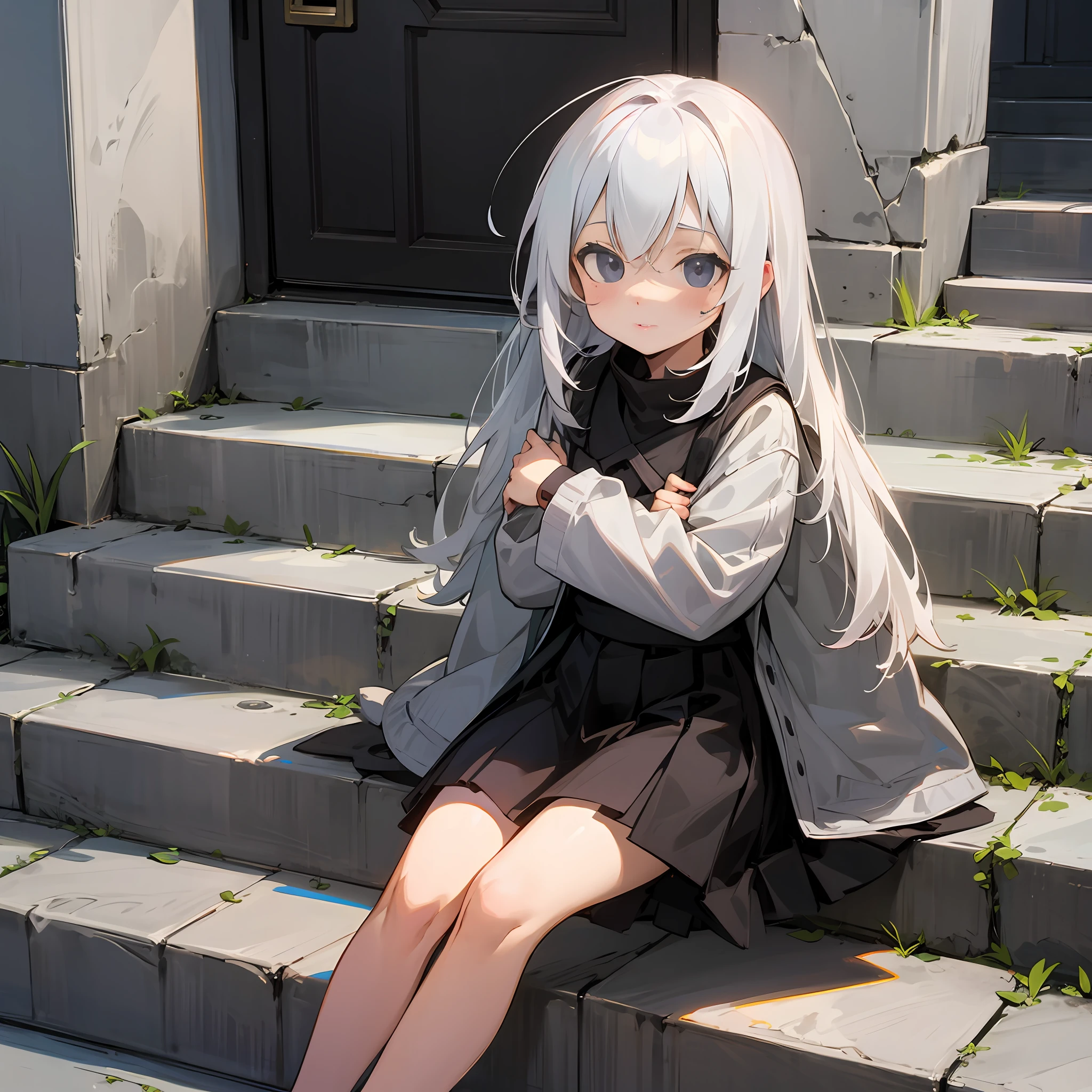  with white hair and black eyes，Sitting on the steps