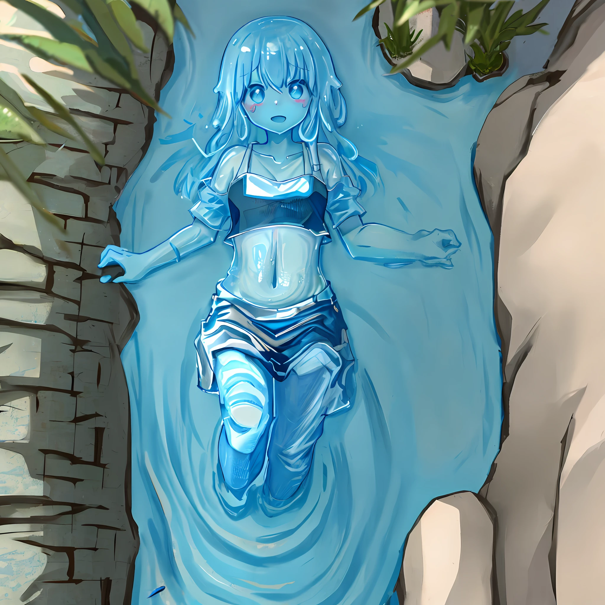 ，1  girl，（slime girl），Sticky blue skin，high high quality，Transparent body，Transparent skin，