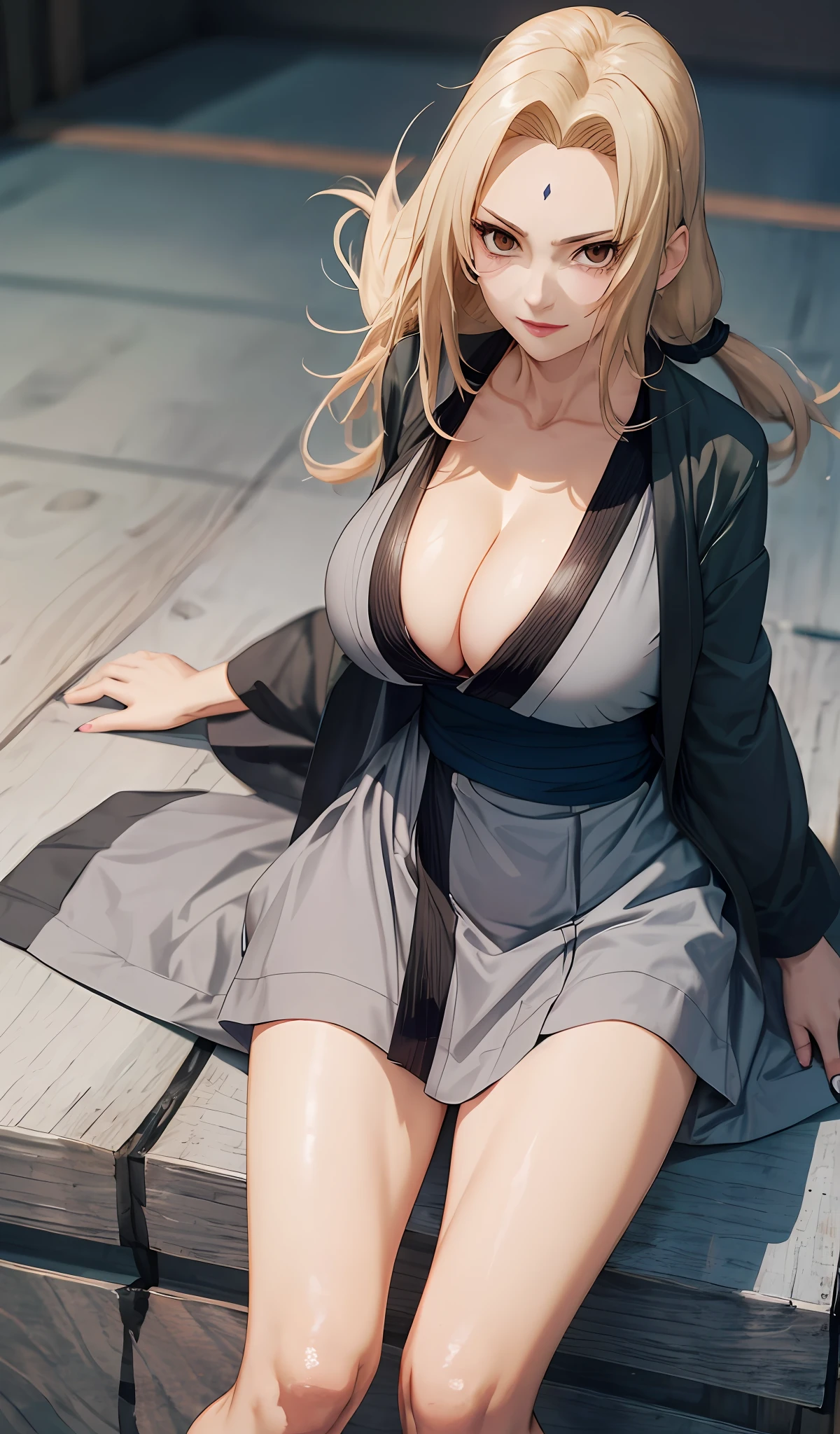 T5un4D3, marks,Tsunade, Gray kimono,Gray skirt、 Dark blue sash, Jacket、Black sandals、8K, 1girl in, 独奏,cleavage of the breast,(​masterpiece:1.4),(Top image quality:1.4),(glowy skin),Tsunade_senju