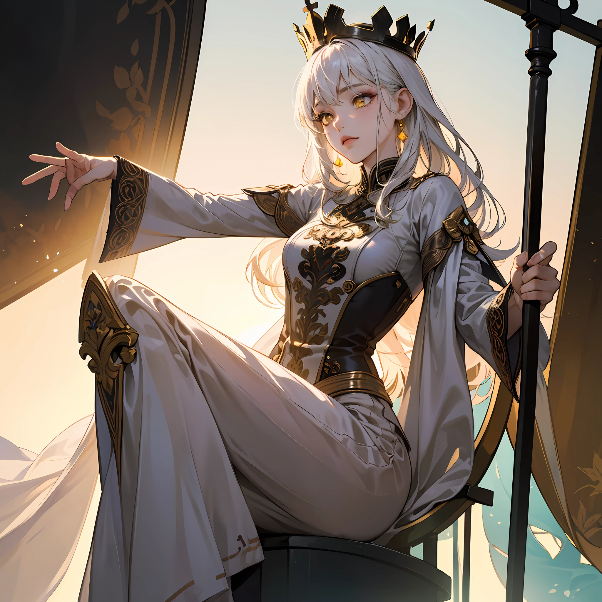 (Masterpiece:1.2), best quality, (illustration:1.2), (ultra-detailed), hyper details, (delicate detailed), (intricate details), (cinematic light, best quality Backlights), clear line, from below, soloist, perfect body, (1girl), white hair and yellow eyes, (emperor, black see-through clothes), (crown: 1.1), sitting on the throne, eyes slightly closed, head down, (shy: 1.2 ), (makeup), high contrast, (best illumination, an extremely create and beautiful), (cinematic light), colorful, --auto