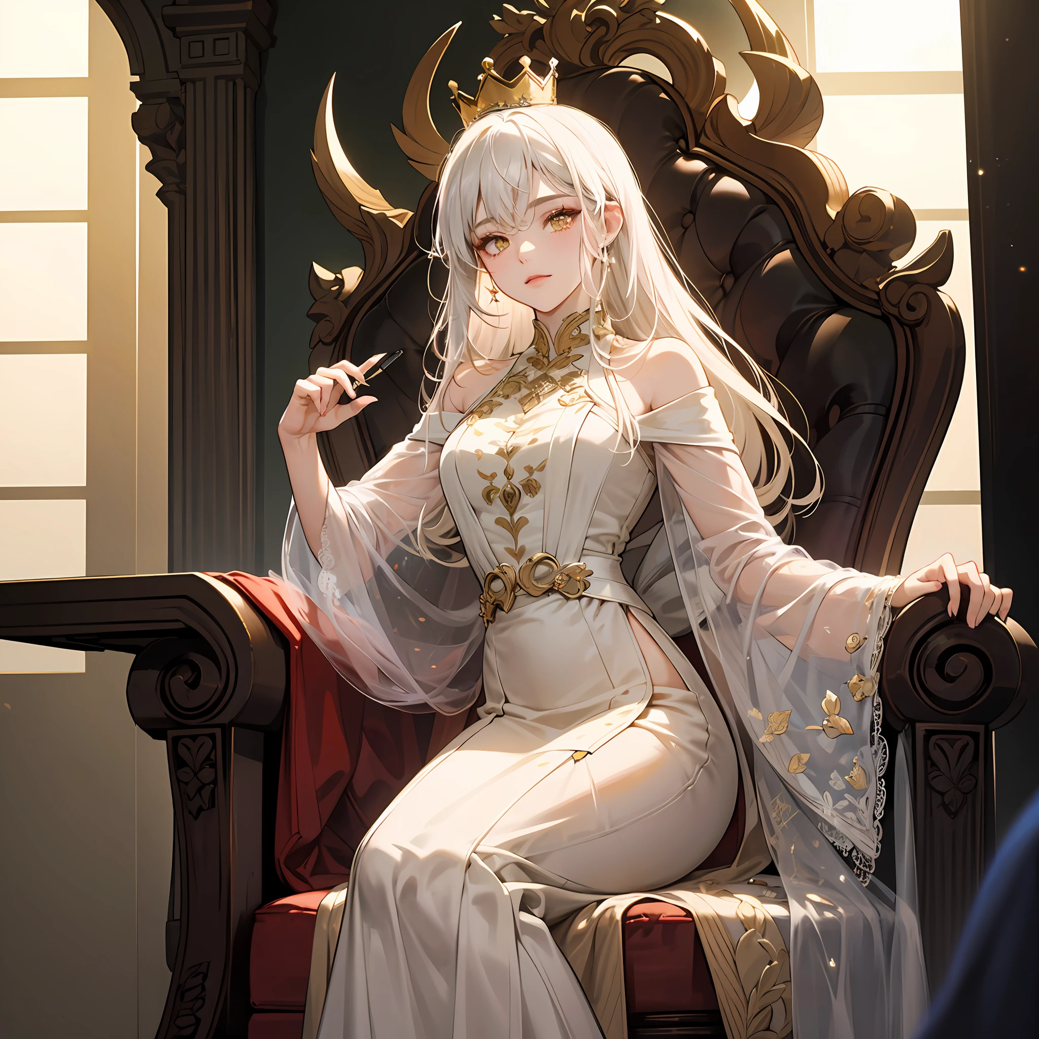 (Masterpiece:1.2), best quality, (illustration:1.2), (ultra-detailed), hyper details, (delicate detailed), (intricate details), (cinematic light, best quality Backlights), clear line, from below, soloist, perfect body, (1girl), white hair and yellow eyes, (emperor, black see-through clothes), (crown: 1.1), sitting on the throne, eyes slightly closed, head down, (shy: 1.2 ), (makeup), high contrast, (best illumination, an extremely create and beautiful), (cinematic light), colorful, --auto