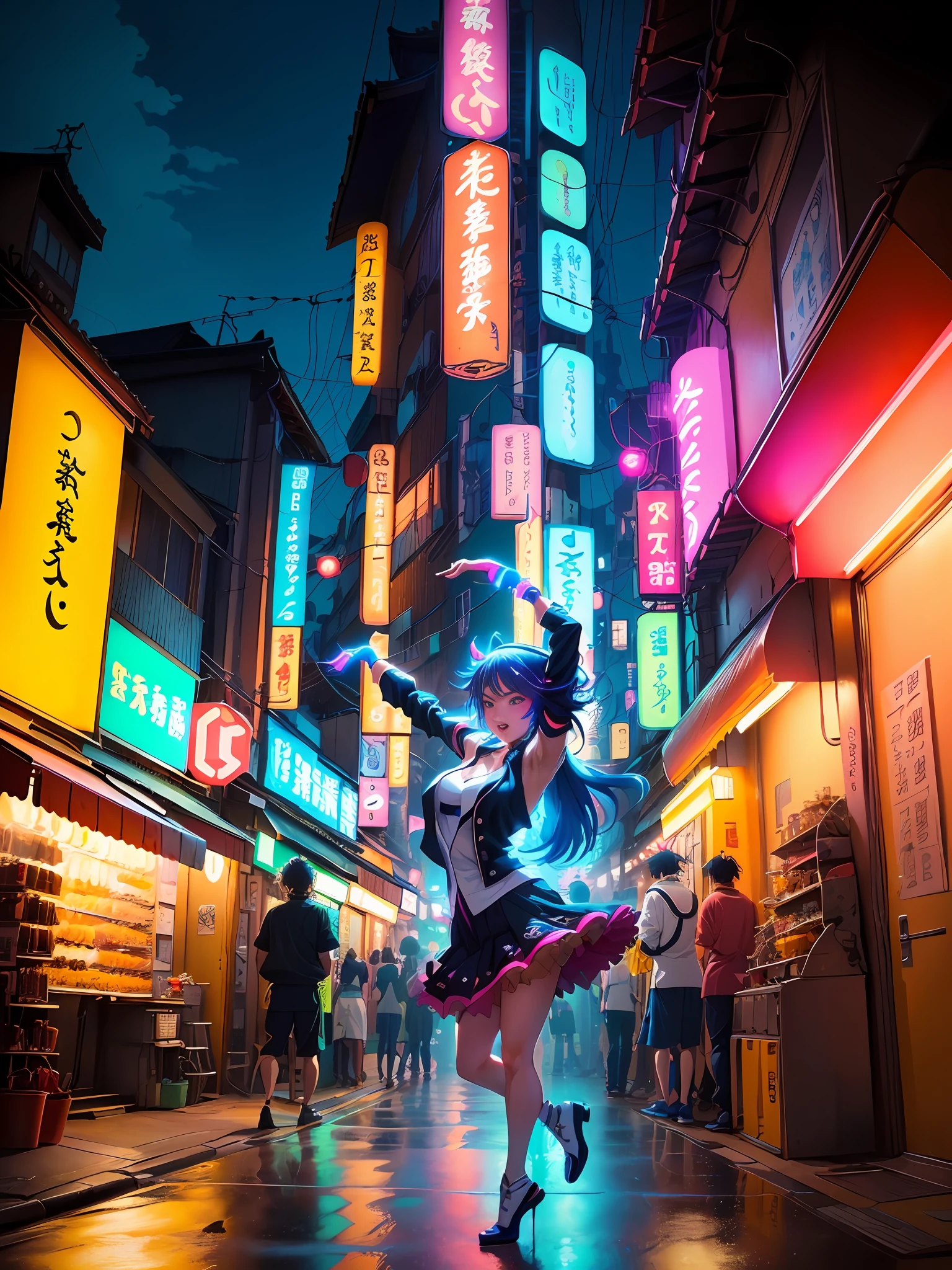 (best illumination, vibrant anime streets, colorful neon lights:1.3),(pretty anime lights flicker and dance, magical atmosphere),(back alley, beautiful Tokyo and Osaka in the night) (Cartoon)