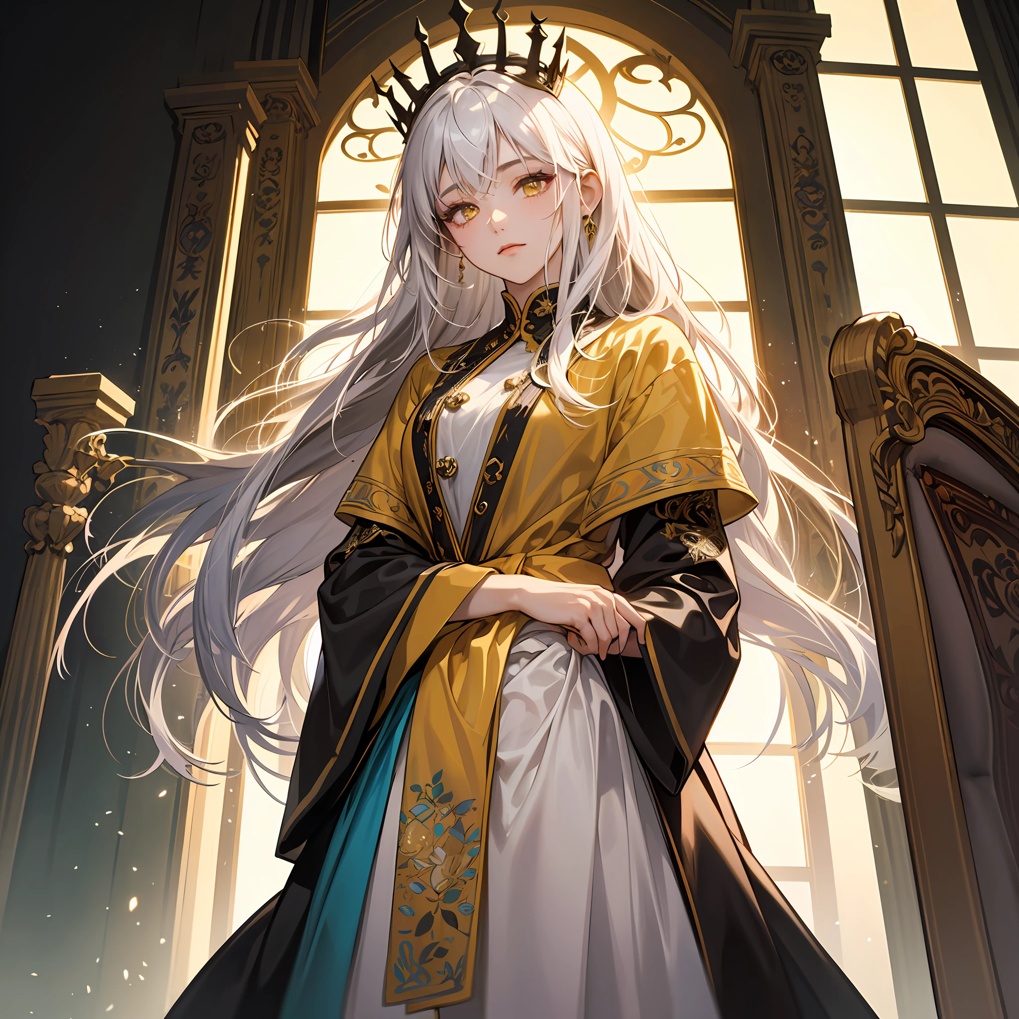 (Masterpiece:1.2), best quality, (illustration:1.2), (ultra-detailed), hyper details, (delicate detailed), (intricate details), (cinematic light, best quality Backlights), clear line, from below, soloist, perfect body, (1girl), white hair and yellow eyes, (emperor, black see-through clothes), (crown: 1.1), sitting on the throne, eyes slightly closed, head down, (shy: 1.2 ), (makeup), high contrast, (best illumination, an extremely create and beautiful), (cinematic light), colorful, --auto