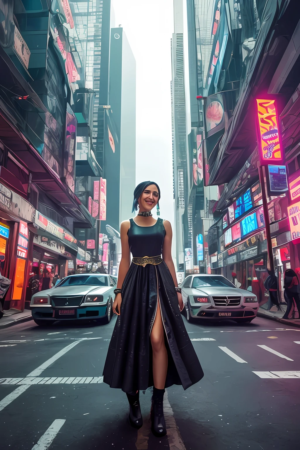 a cyberpunk portrait photo of   a guatemalan woman smiling,  (futuristic folk dress), pronounced feminine feature, insane details, intricate details, hyperdetailed, complex background, futuristic city