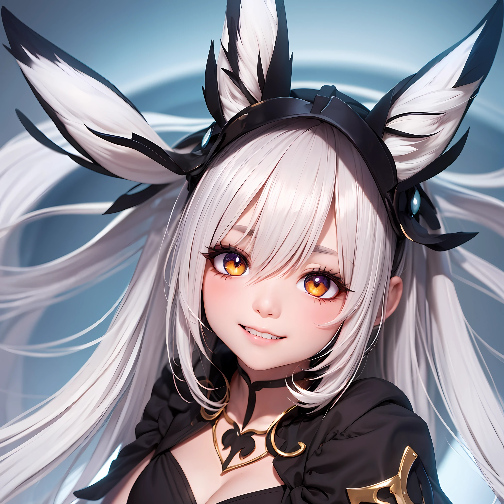 hair bobbles, longeyelashes, solid circle eyes, light smile, fang, white hair, big hair, hair strand, heart ahoge, ribbon, heterochromia, fox ears, torogao, fang out, pupils sparkling, heart in eye, nose blush, Surrealism, drop shadow, stereogram, high detail, ray tracing, tachi-e, super detail, ccurate, textured skin, anatomically correct, highres, 16k --auto