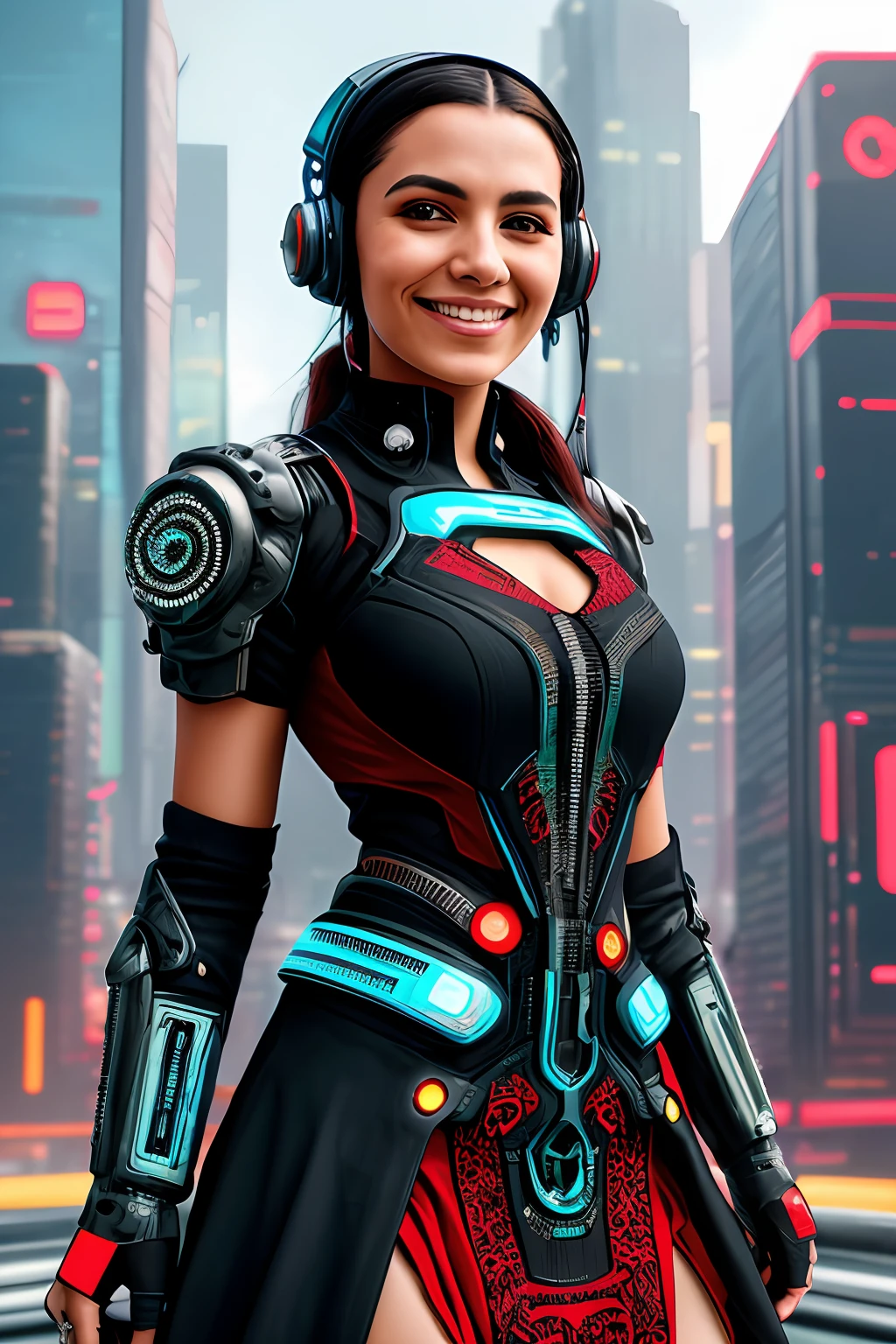 a cyberpunk portrait photo of   a guatemalan woman smiling,  (futuristic folk dress), pronounced feminine feature, insane details, intricate details, hyperdetailed, complex background, futuristic city