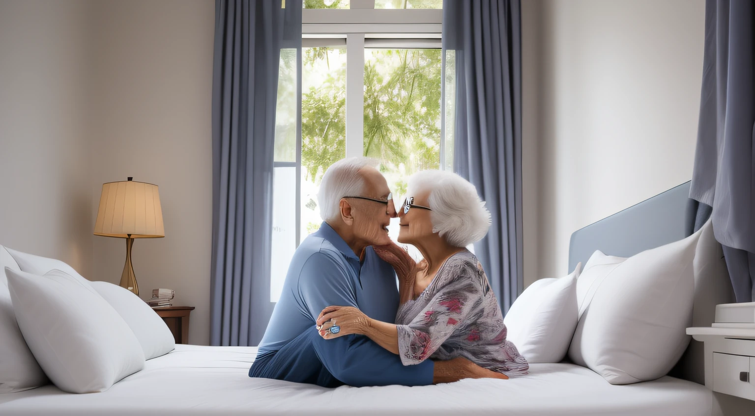 casal de idosos, deitados na cama, olhando ou para o outro, ele tem 60 anos e ela tem 63 anos, dois idosos, Intimates embracing, amantes se derretendo, tall resolution, detalhes dos rostos perfeitos, olhos perfeitos, bocas perfeitas